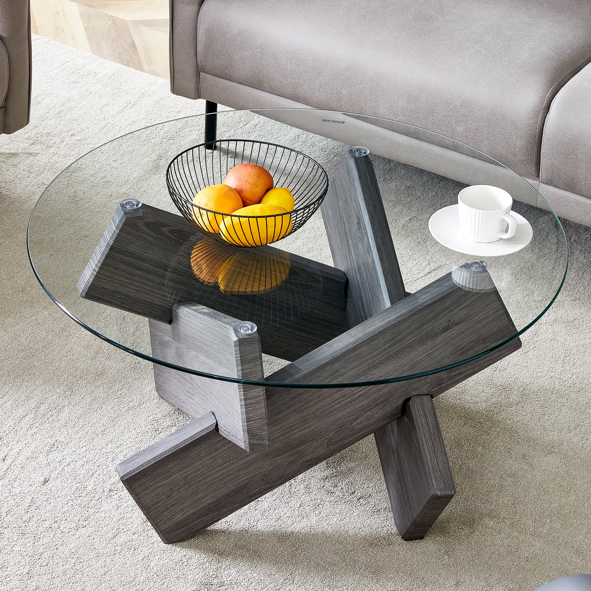 Modern Round Glass Coffee Table, 33.4", Grey Patterned Legs