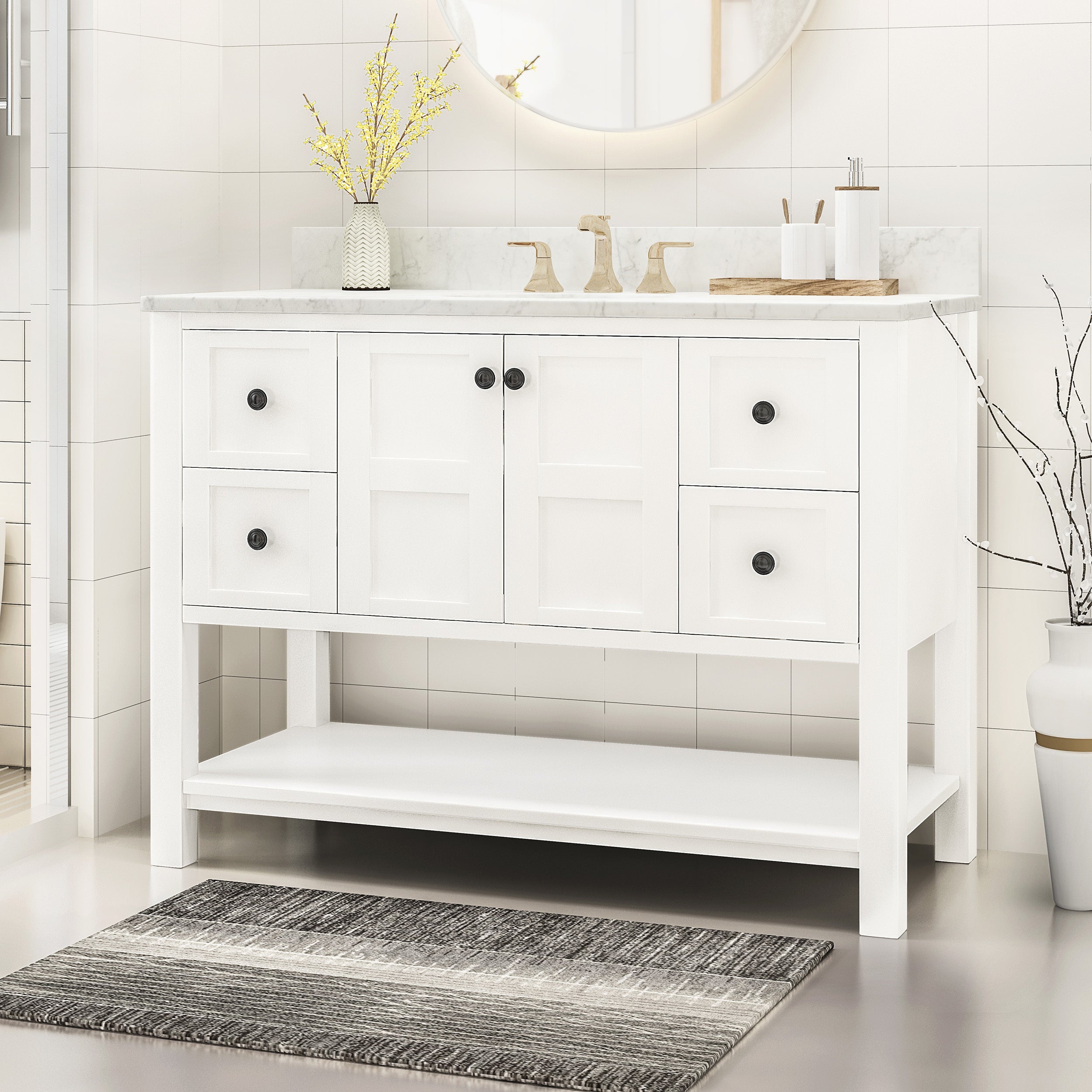 49" White Bathroom Vanity: Marble Top, 4 Drawers