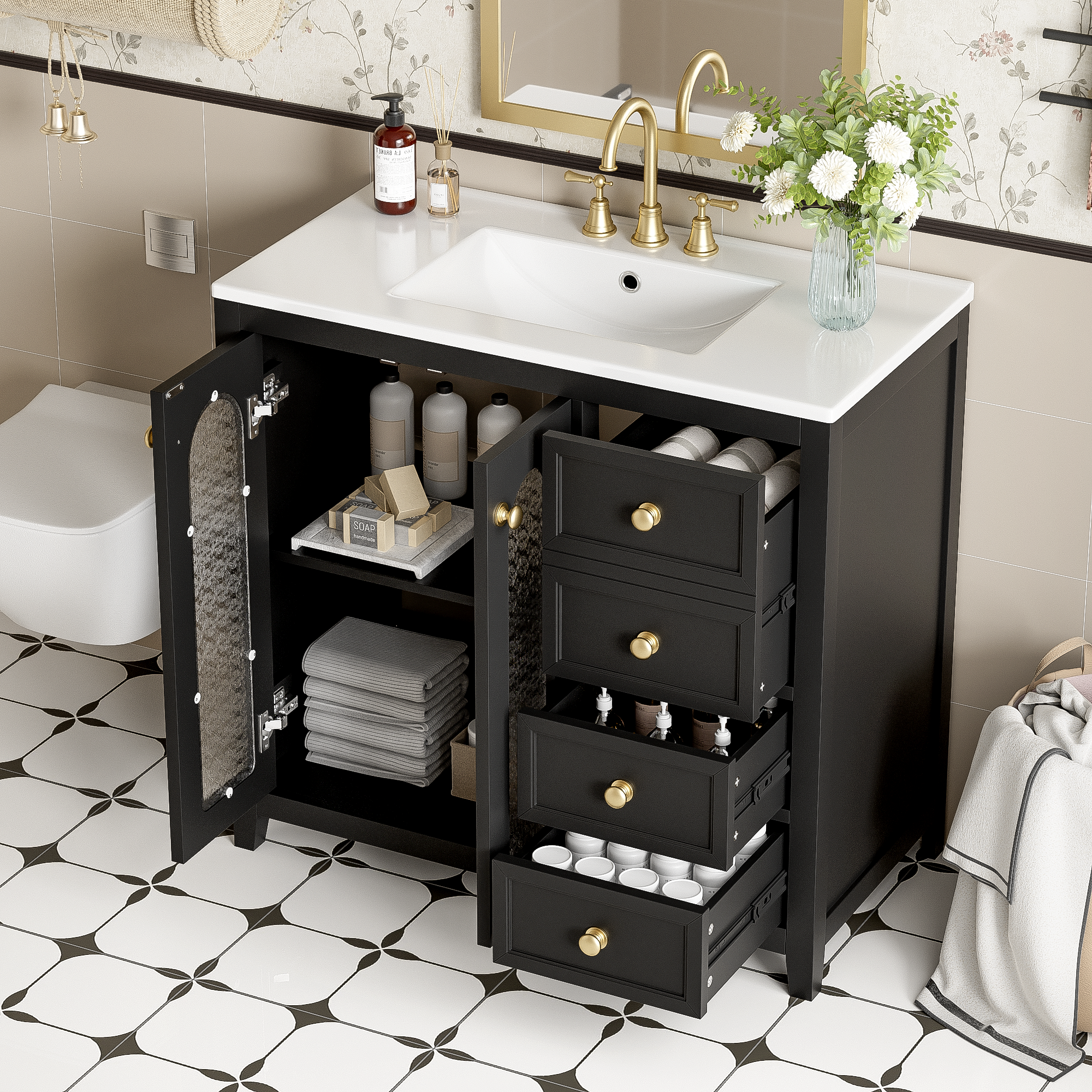 36" Vanity: 2 Soft-Close Doors, Shelves & 3 Drawers