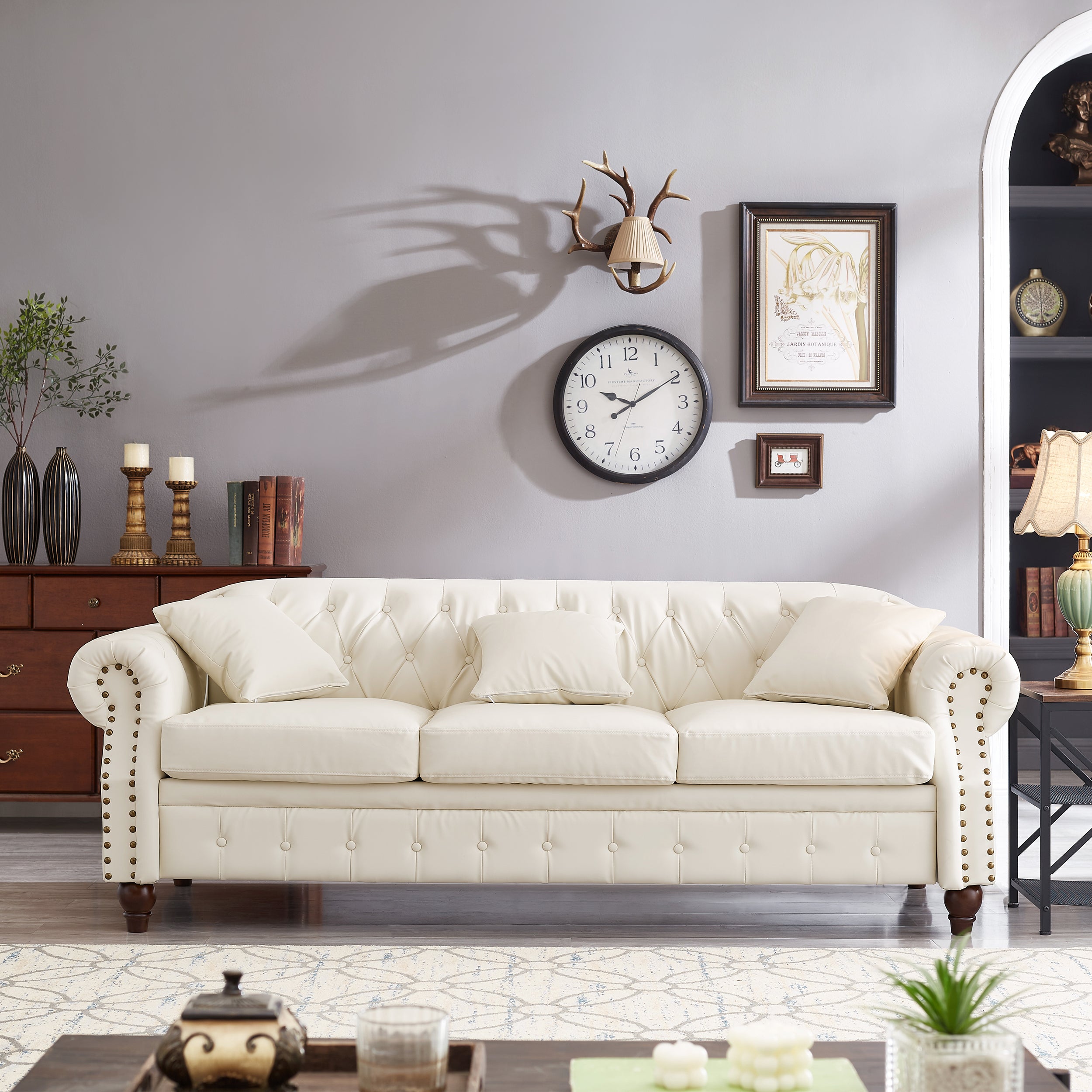 Ivory Chesterfield Sofa w/Storage: 85.8"