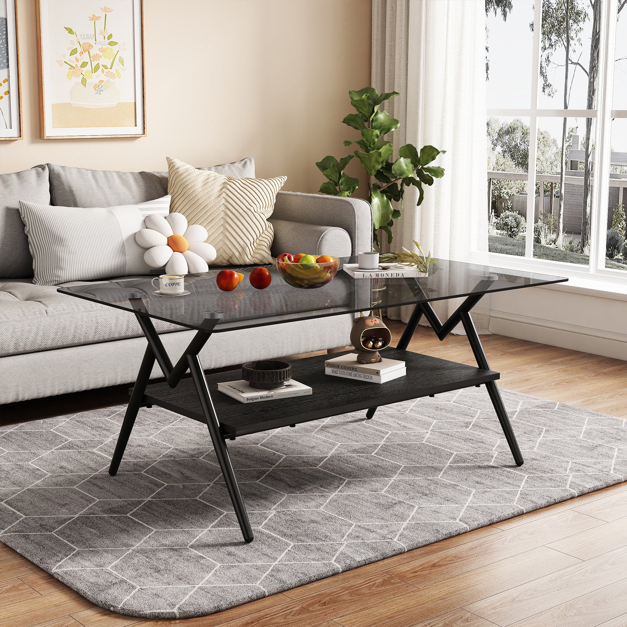 Modern Gray Glass Rectangle Coffee Table with Shelf