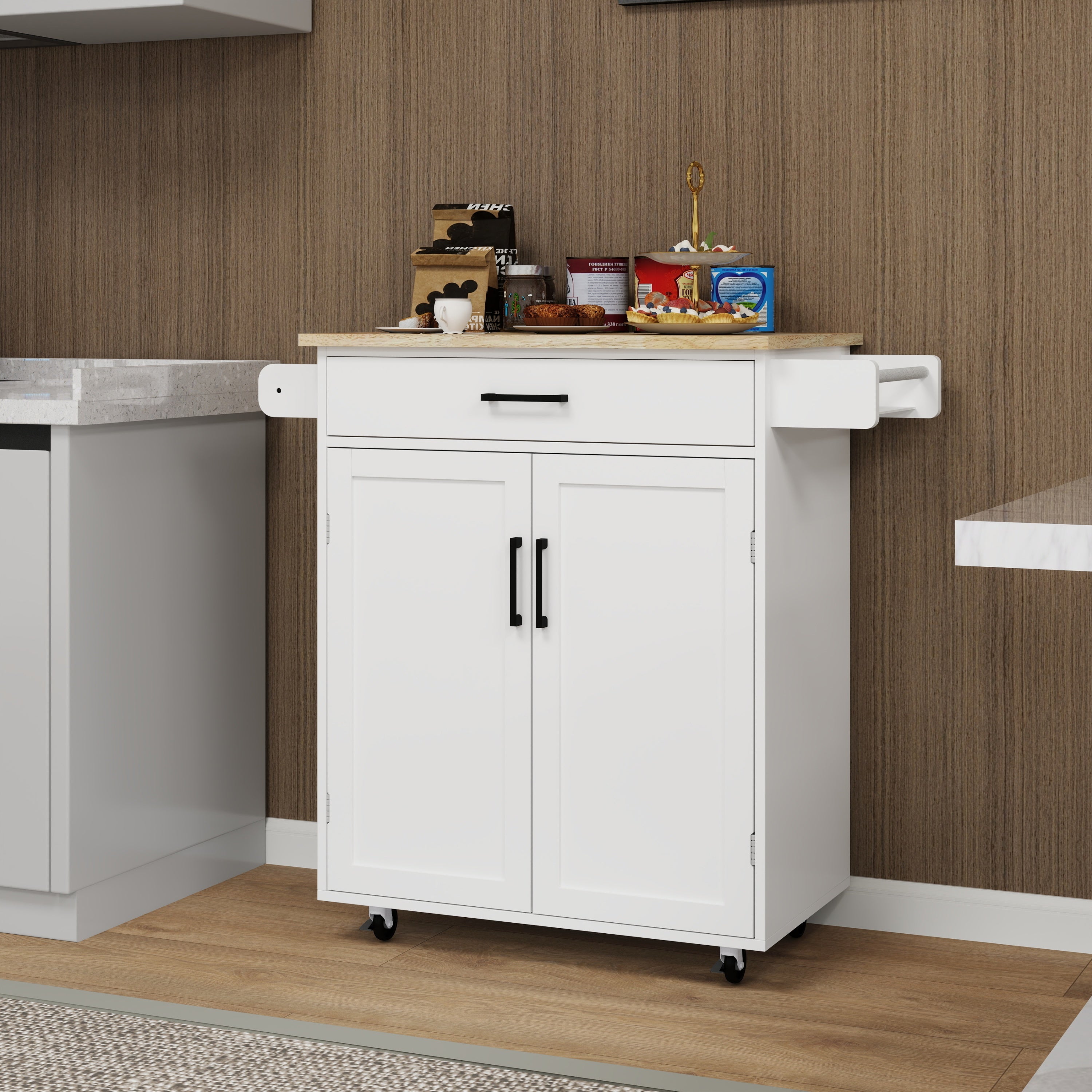 White Kitchen Island Rolling Cart w/ Storage