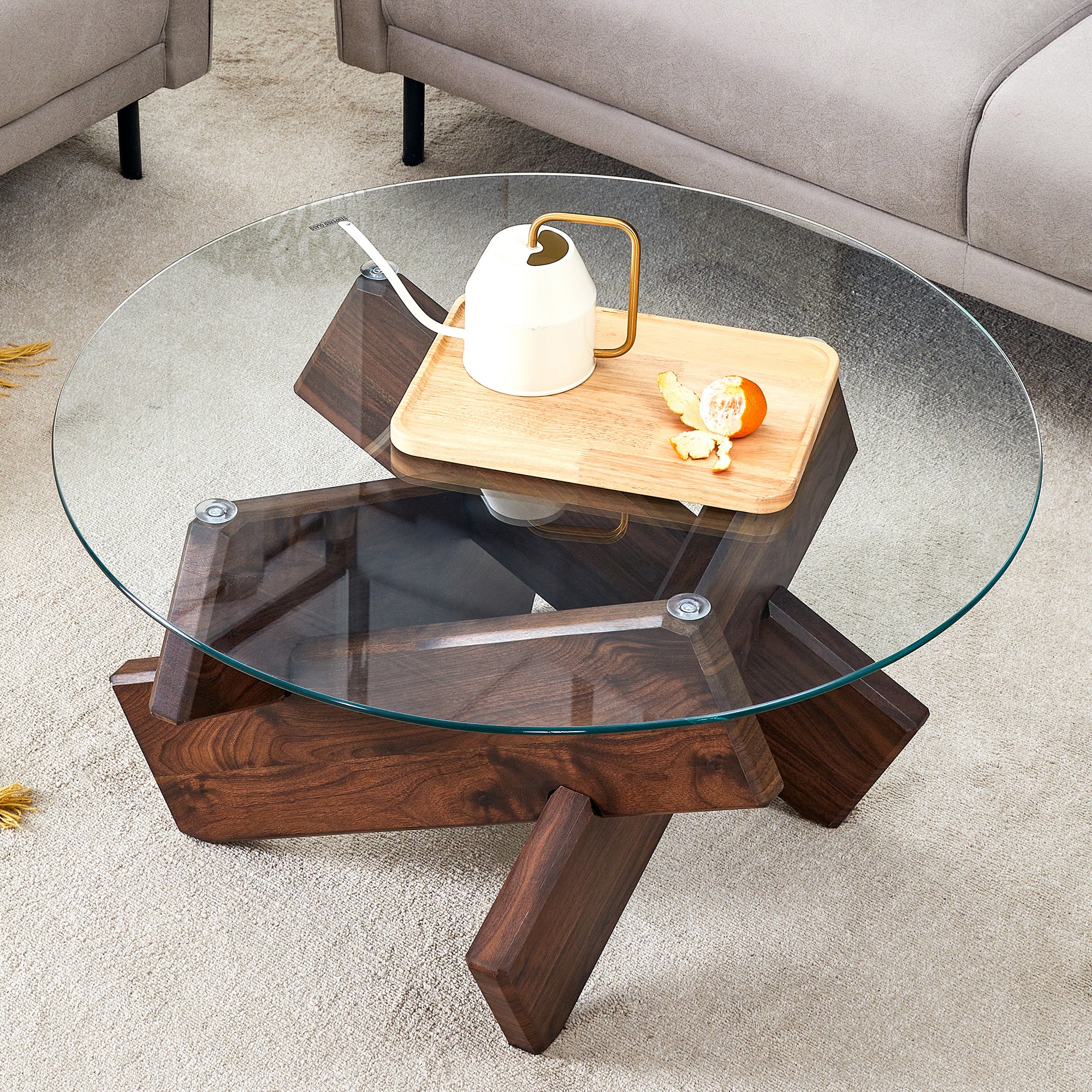 Modern Round Glass Coffee Table, Walnut Legs