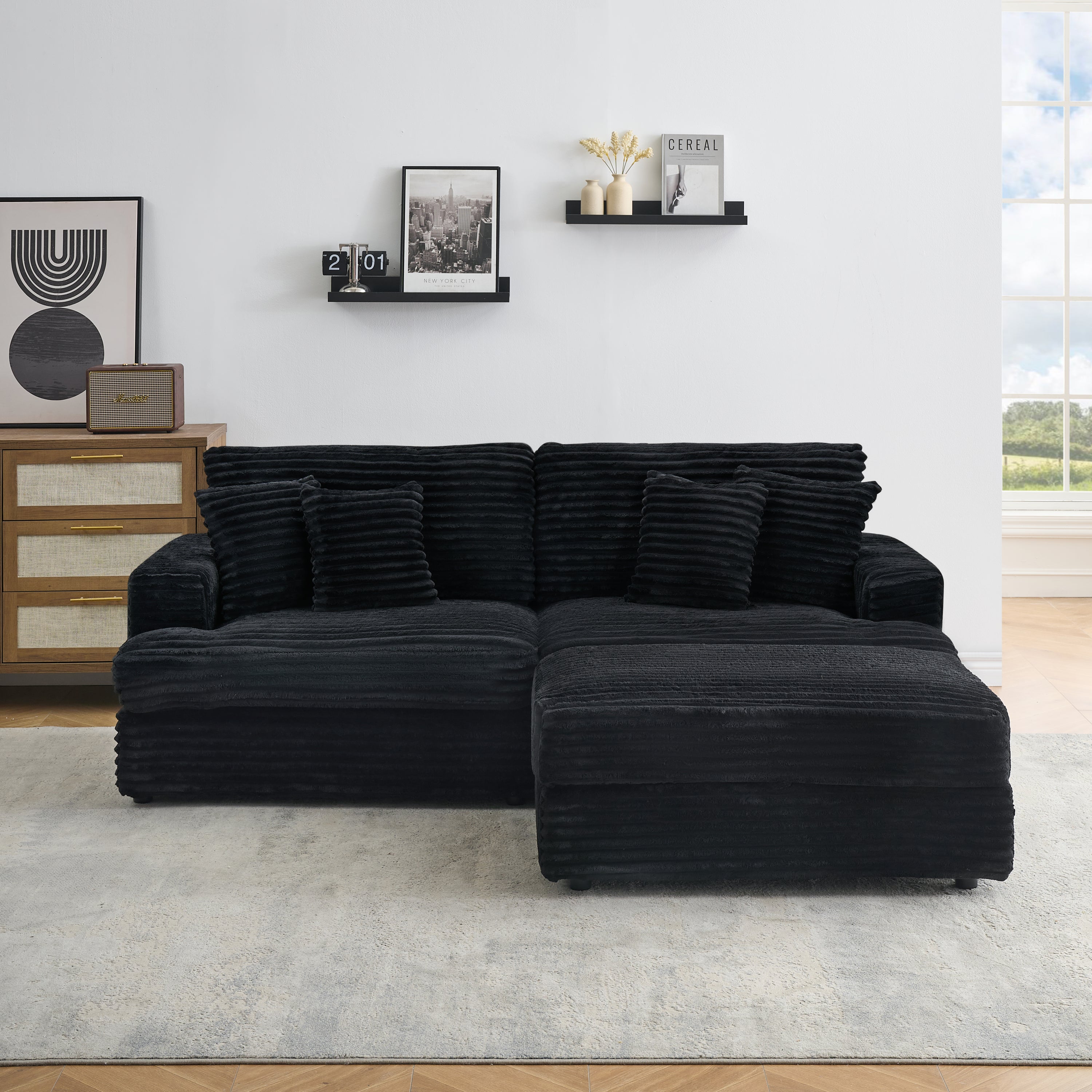 Black Corduroy Sofa: 82" w/ Storage & Pillows