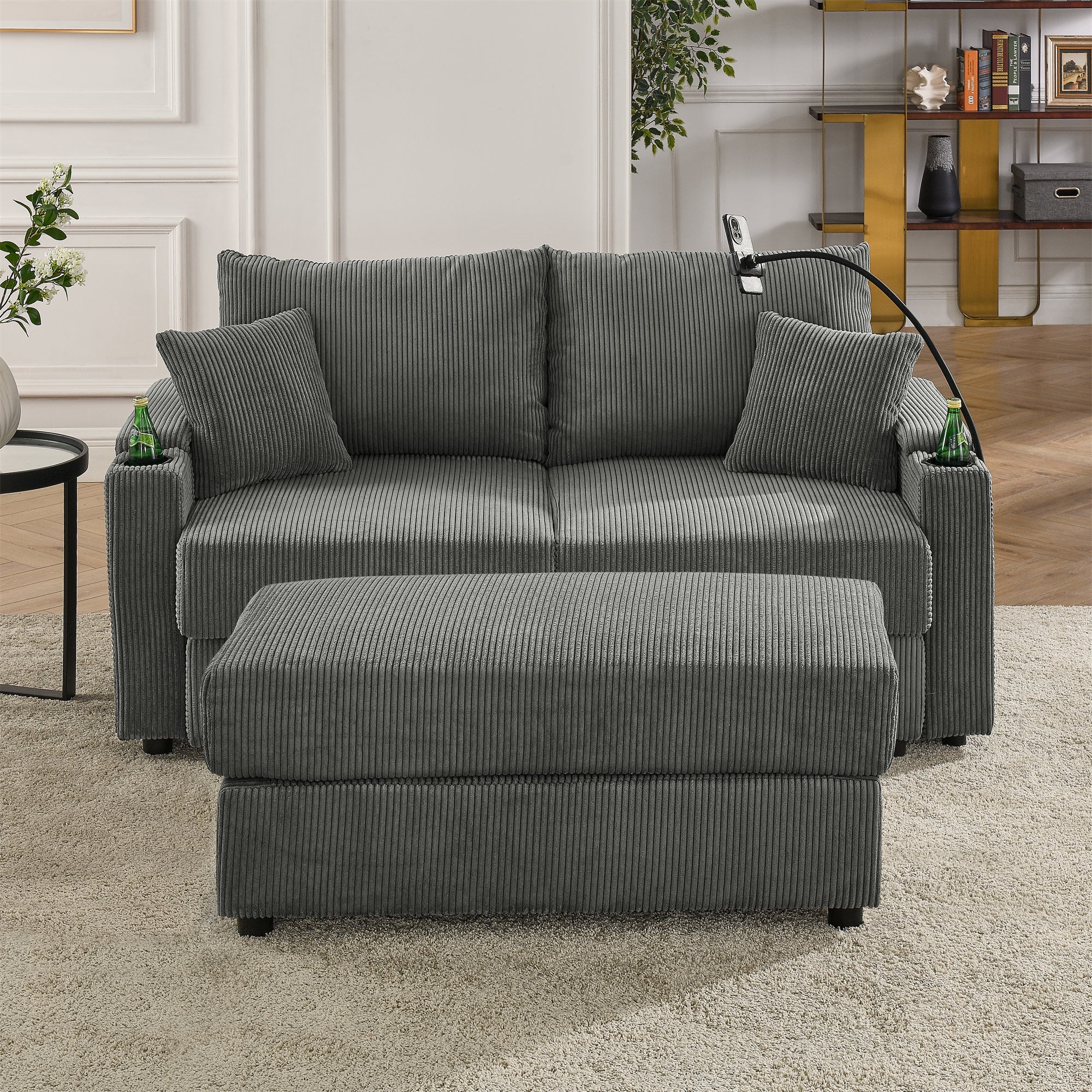 Grey Corduroy Sofa: Storage, Ottoman & Cup Holders