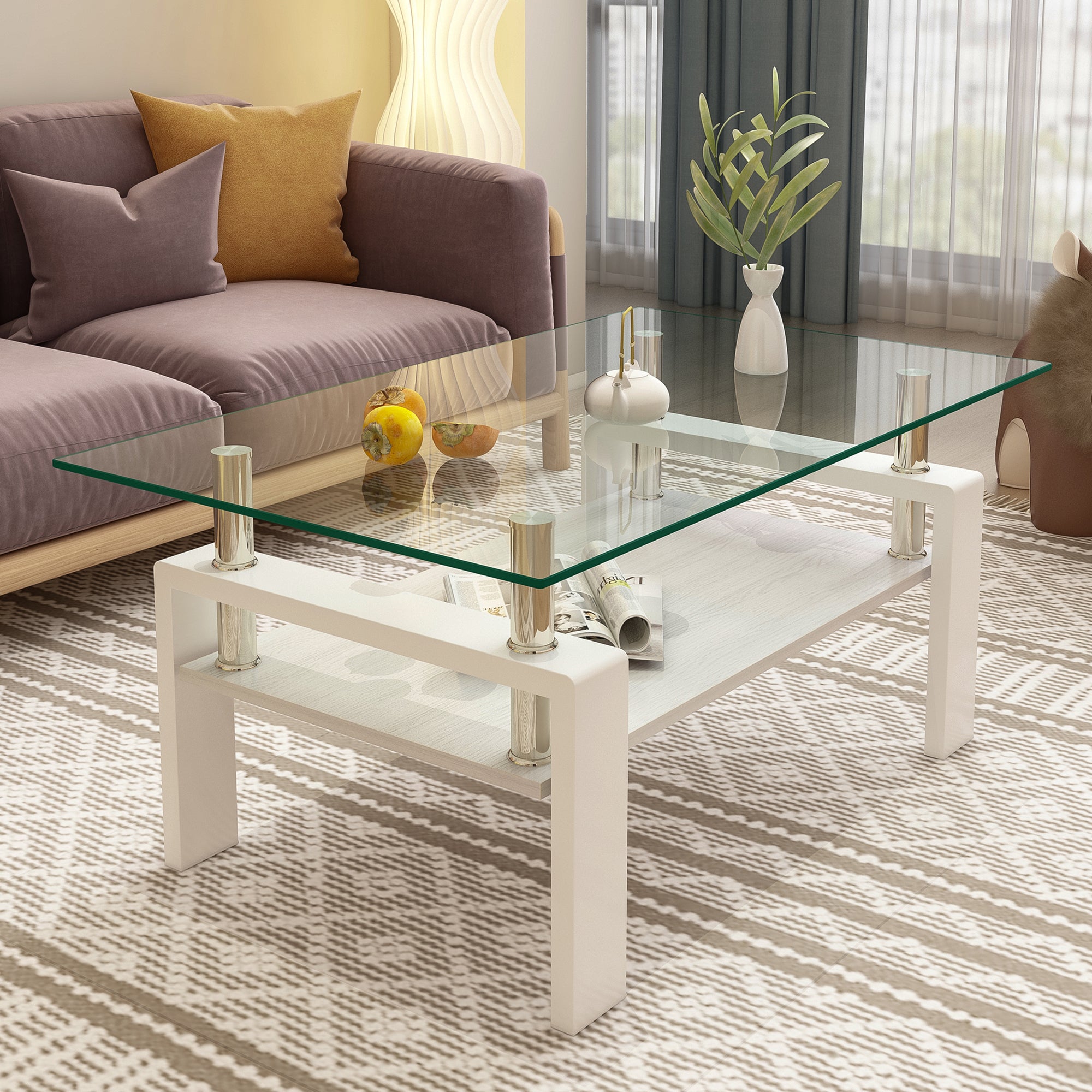 Modern Rectangle Coffee Table: Tempered Glass Top