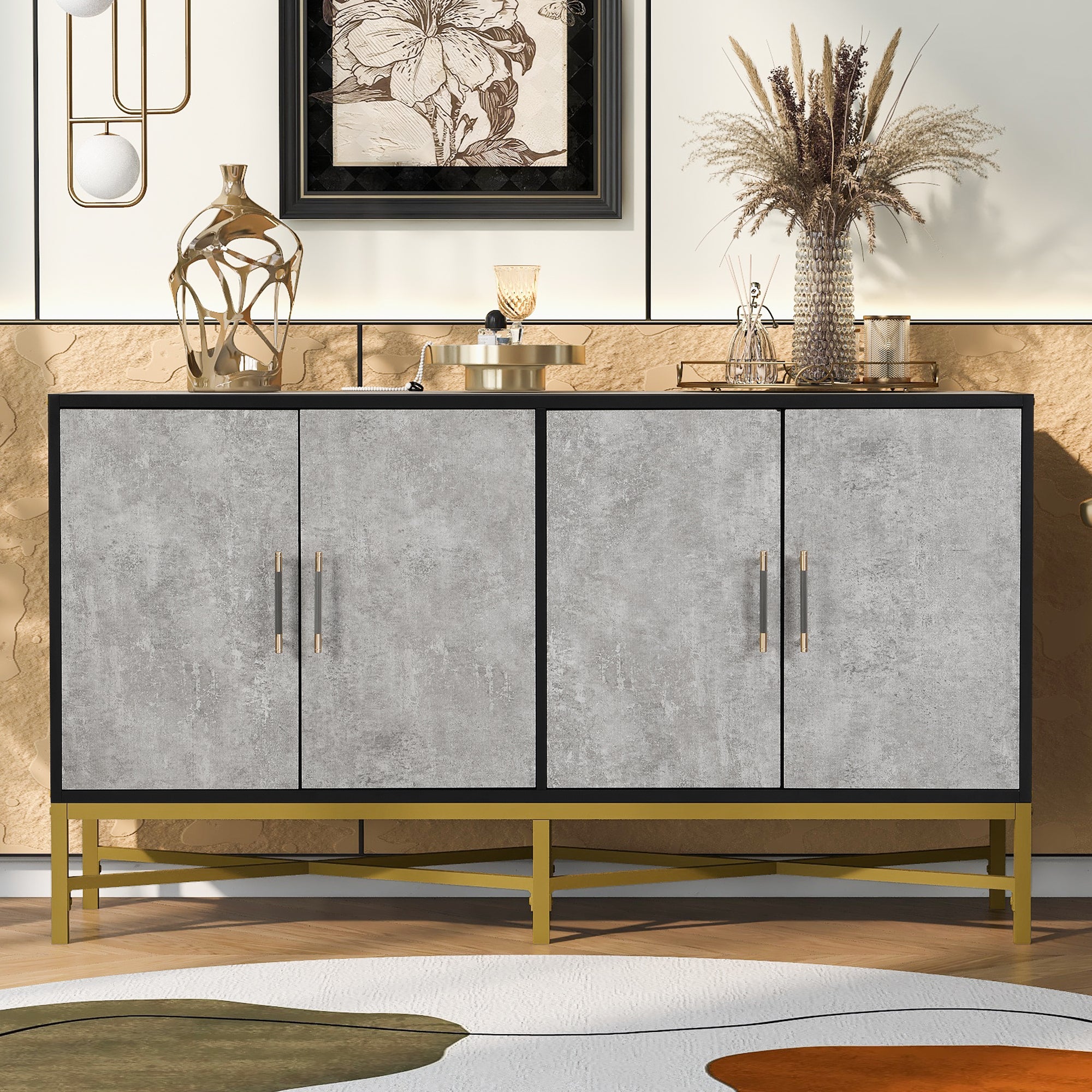 Four-Door Sideboard: Metal & Cross-Leg Design