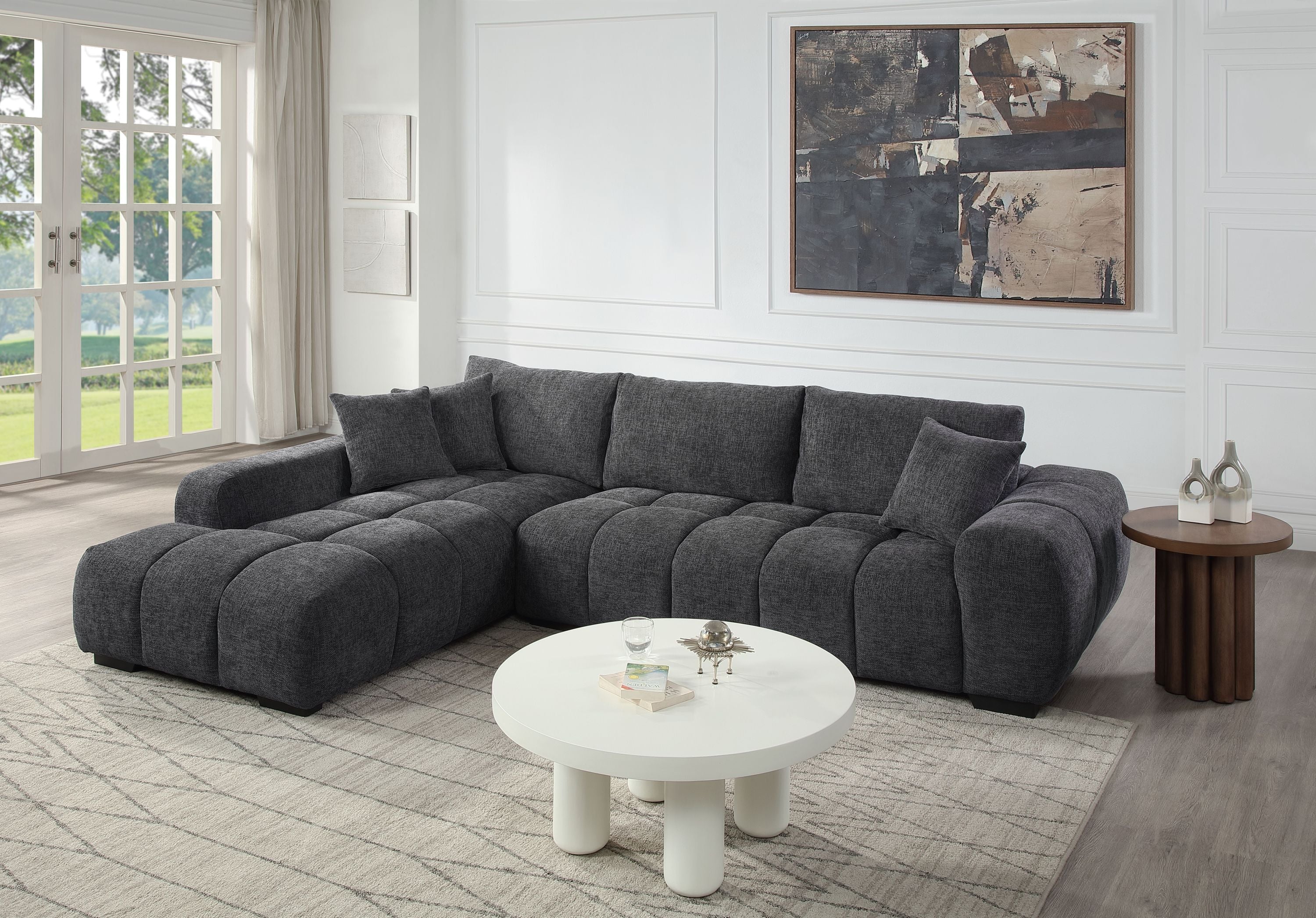 Gray Chenille Sectional Sofa w/ Chaise & Pillows