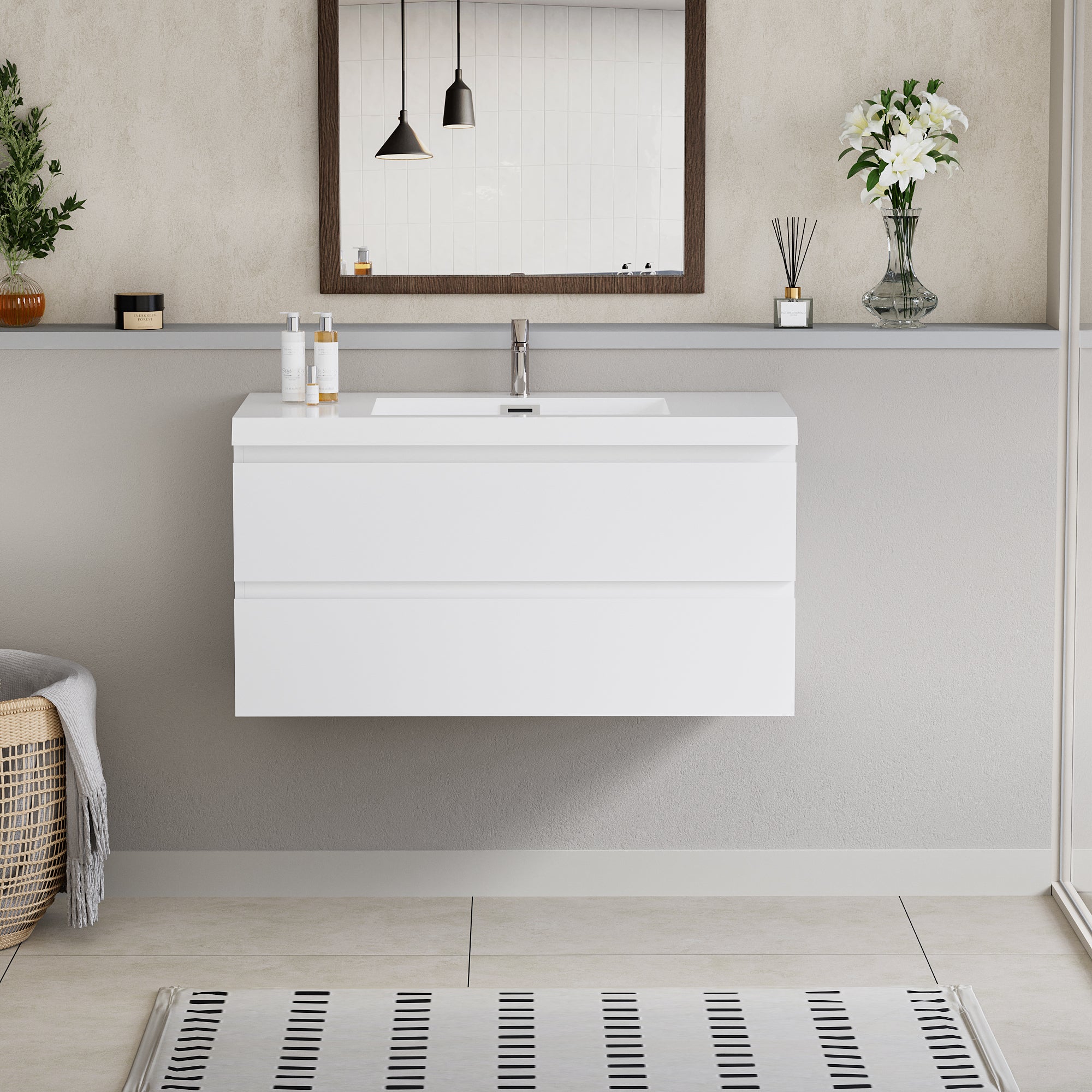 42" Floating Bathroom Vanity: Modern White Cabinet