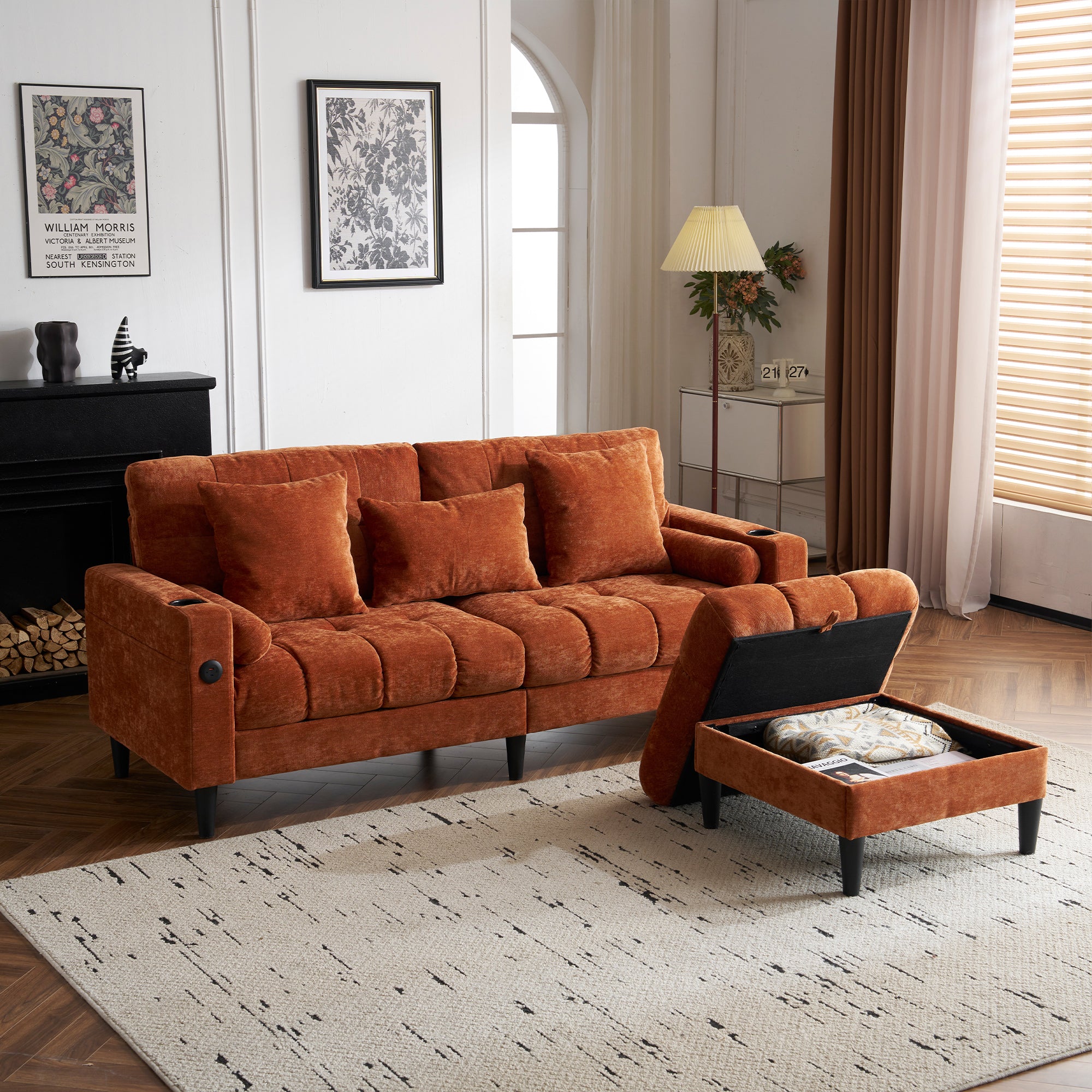 Chenille L-Shaped Sofa w/Ottoman & USB Charging