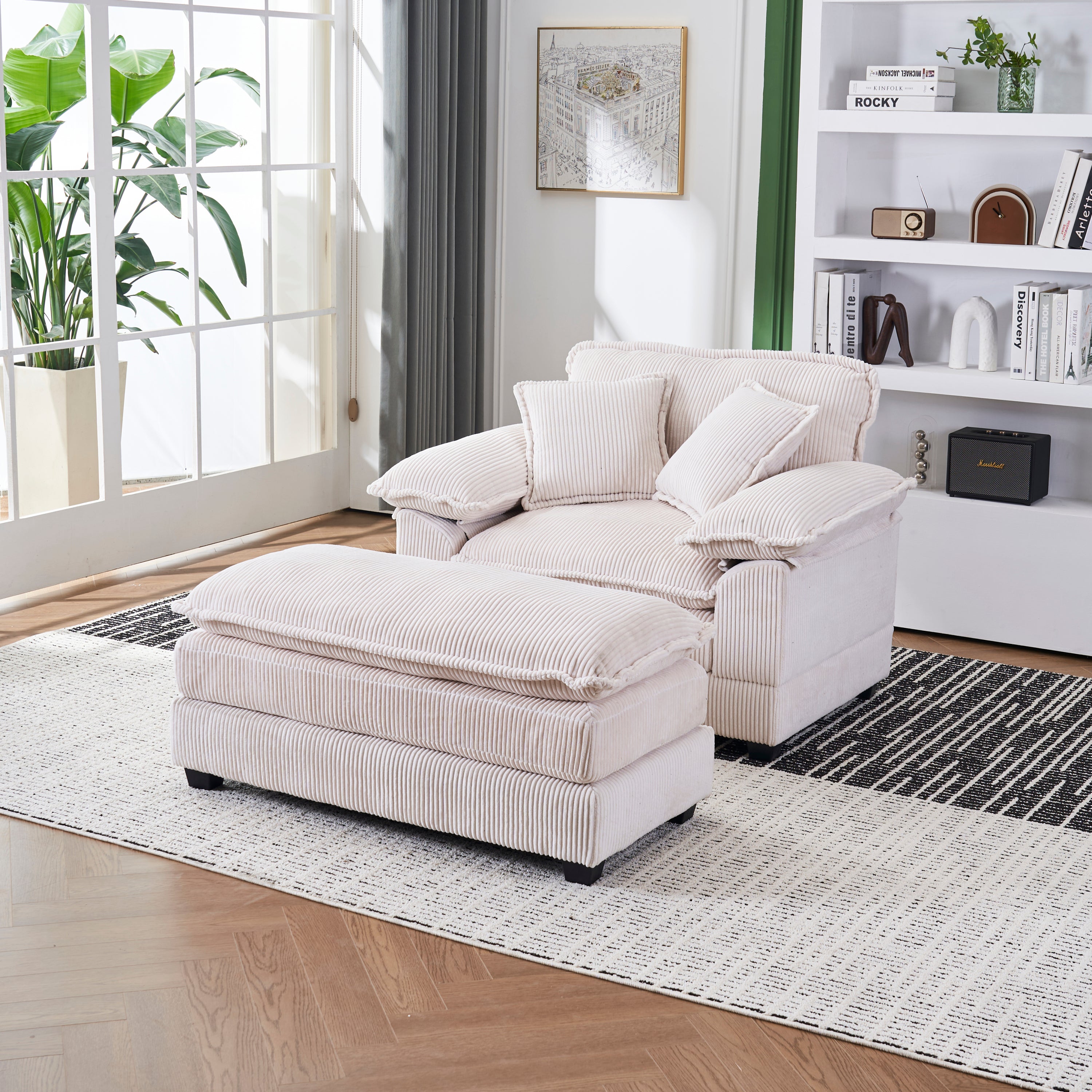 Deep Seat Corduroy Sofa with Ottoman & Pillows