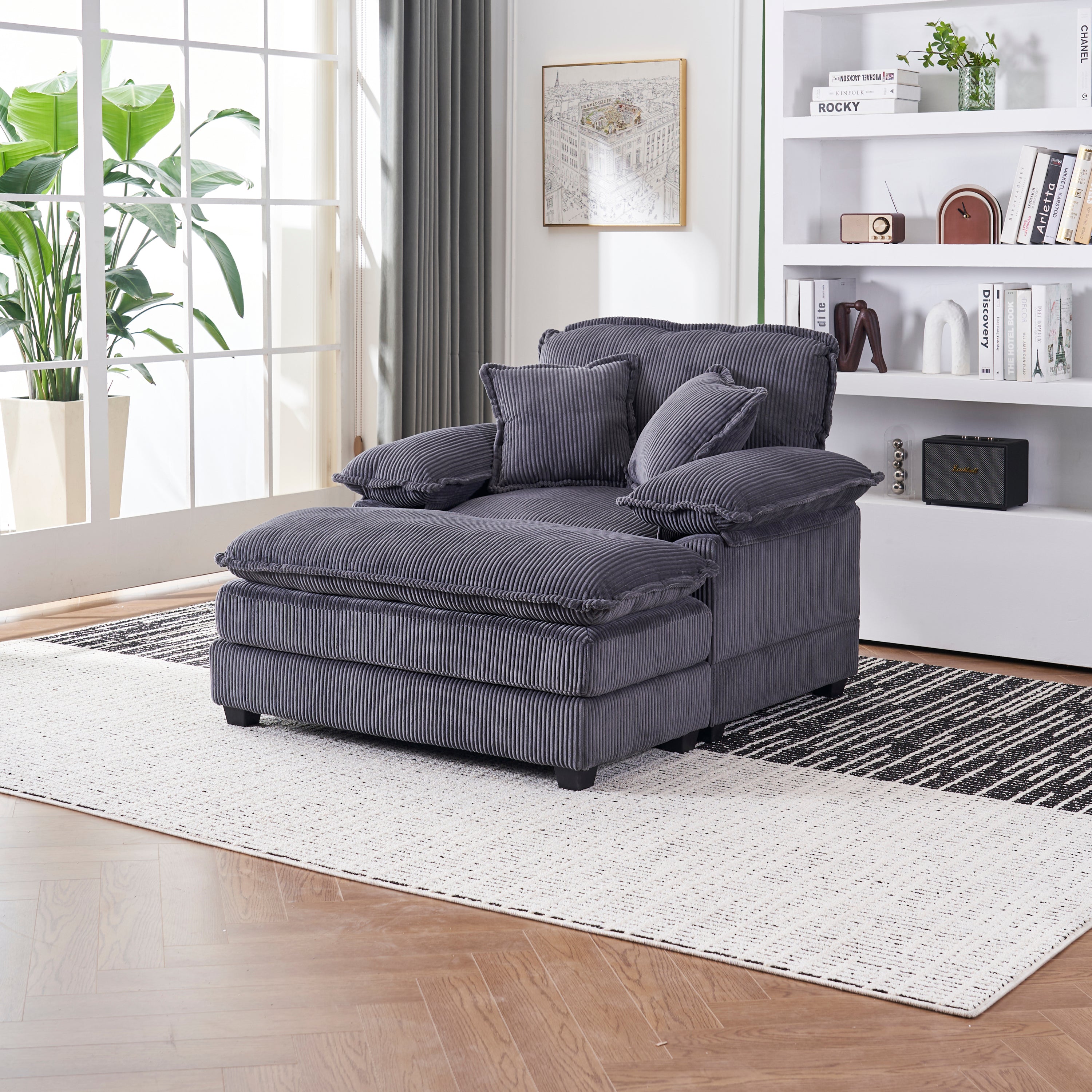 Deep Seat Corduroy Sofa w/Ottoman & Pillows