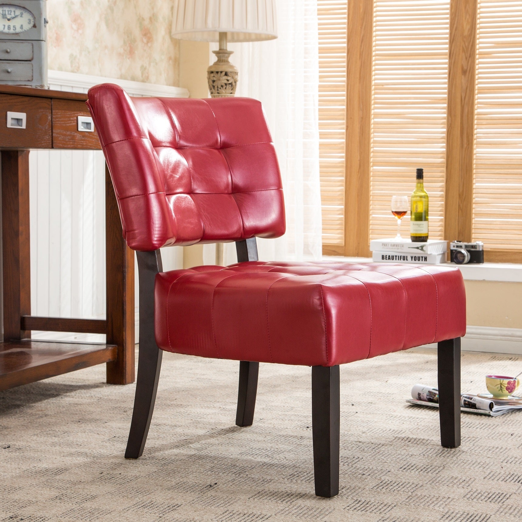 Red Tufted Blended Leather Accent Chair