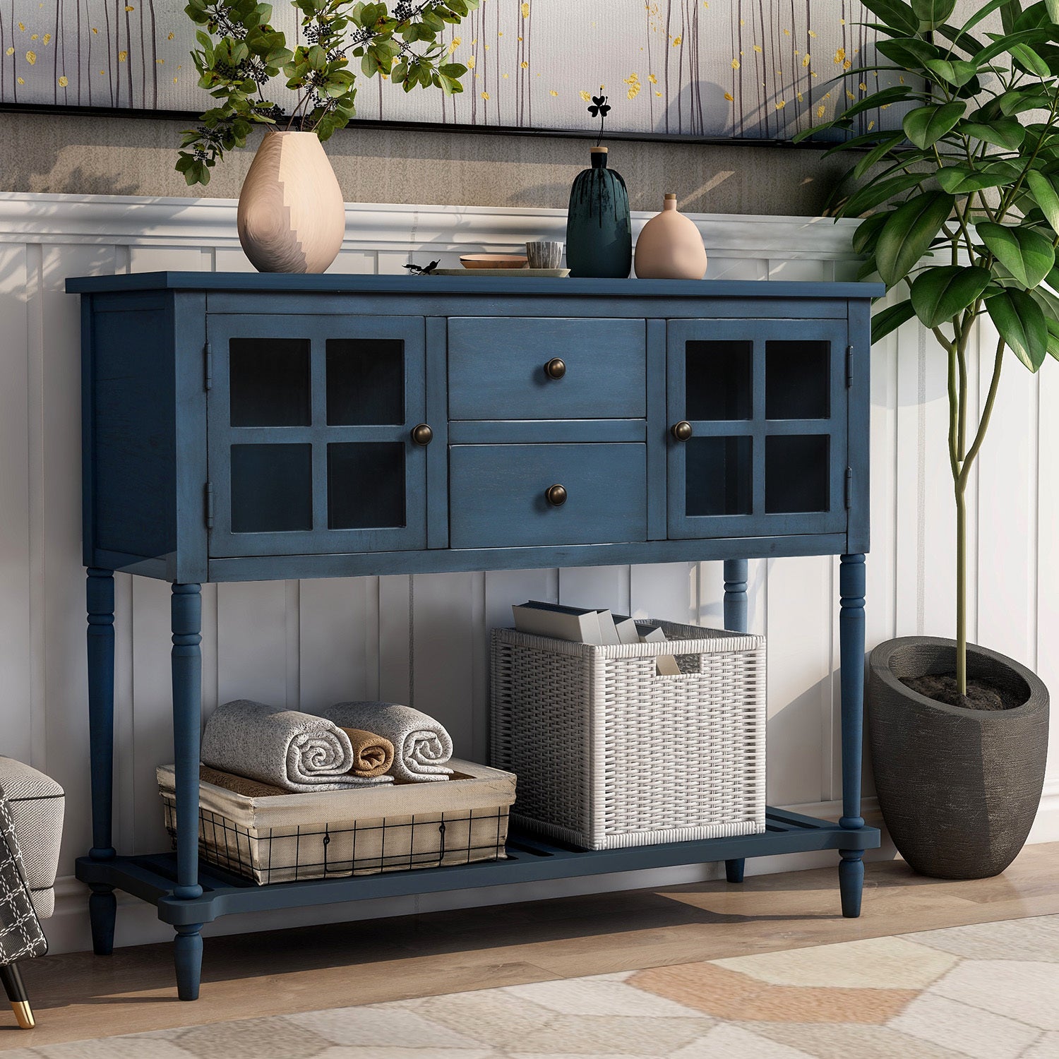 Farmhouse Wood Console Table with Shelf (Navy)