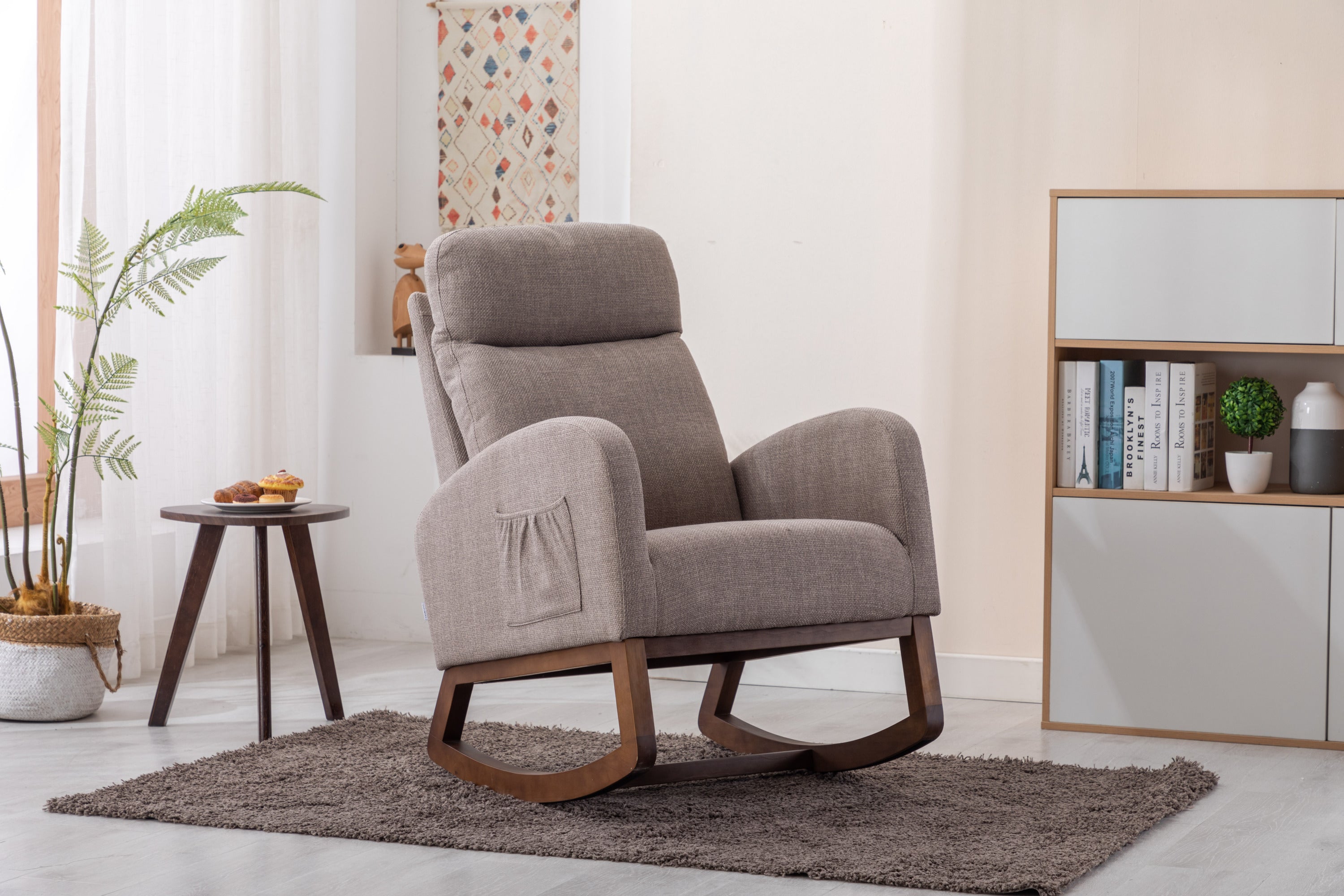 Modern Rocking Chair, Grey Linen