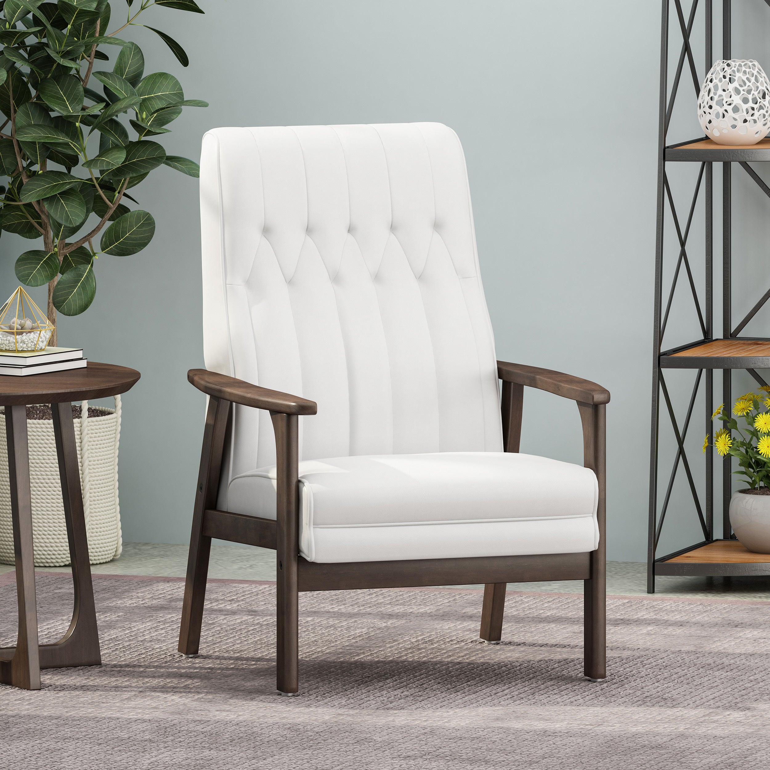 Mid-Century Modern White Faux Leather Accent Chair