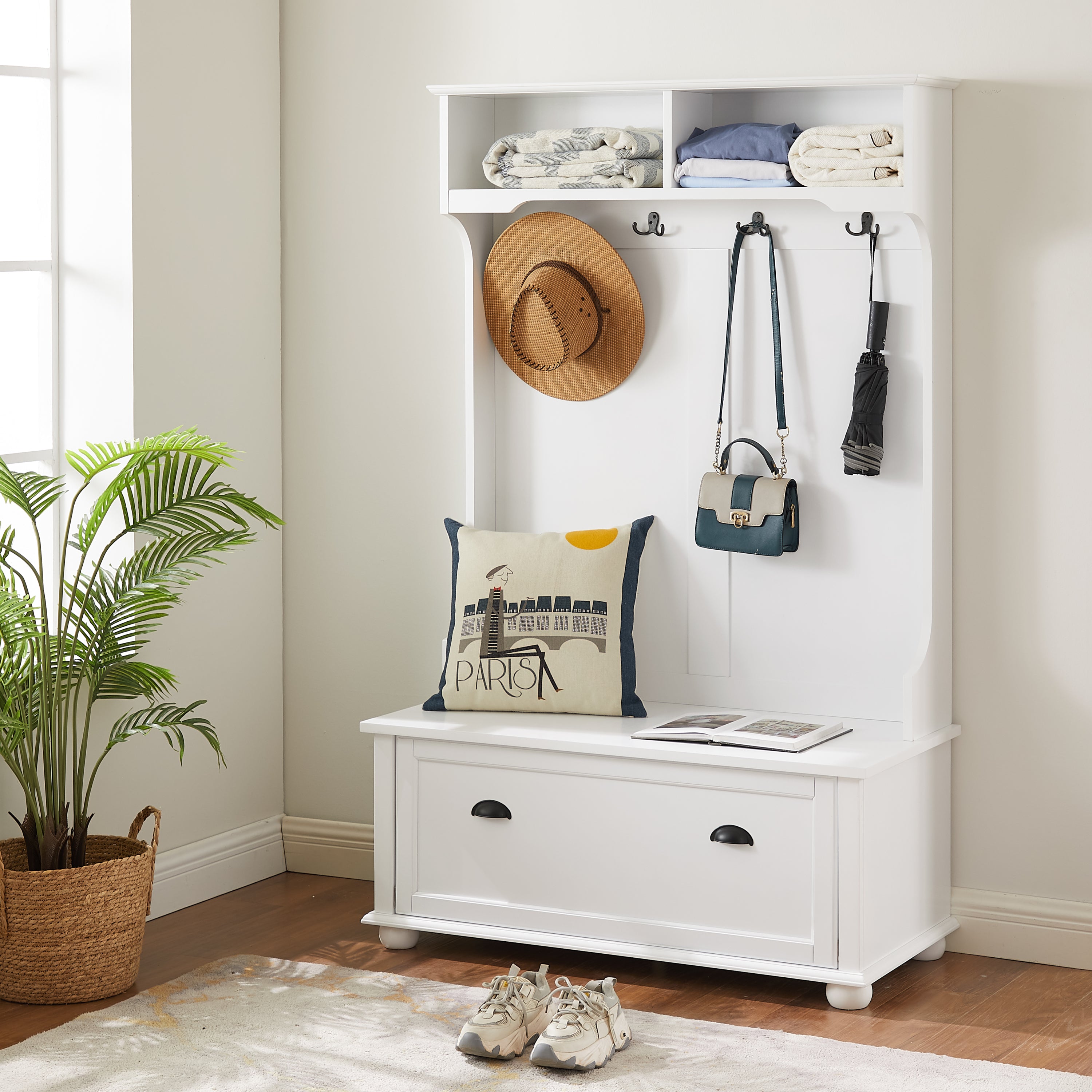 Modern Hall Tree w/ Shoe Storage & Coat Hooks - White