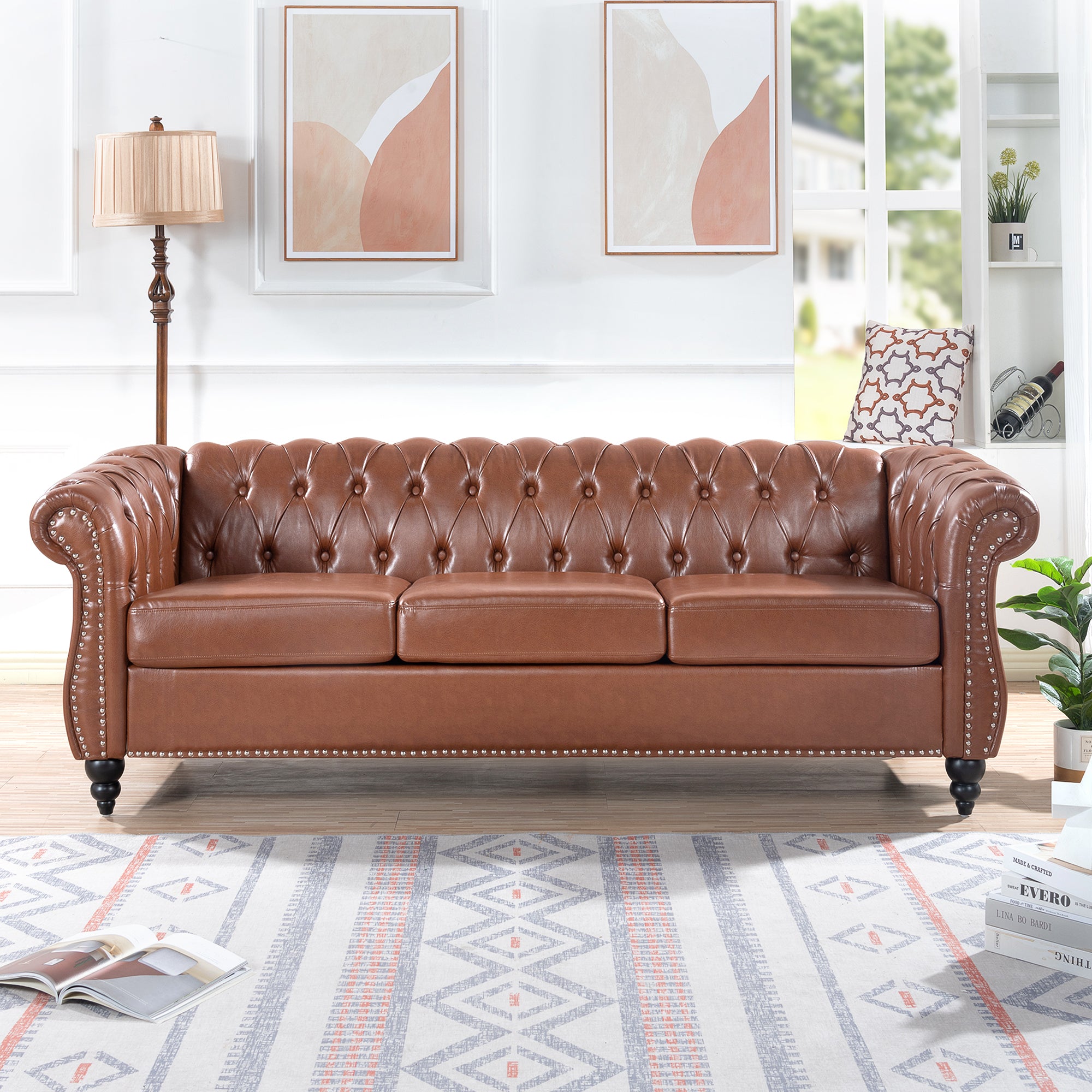 Brown Chesterfield Sofa: 84.65" Rolled Arm 3-Seater