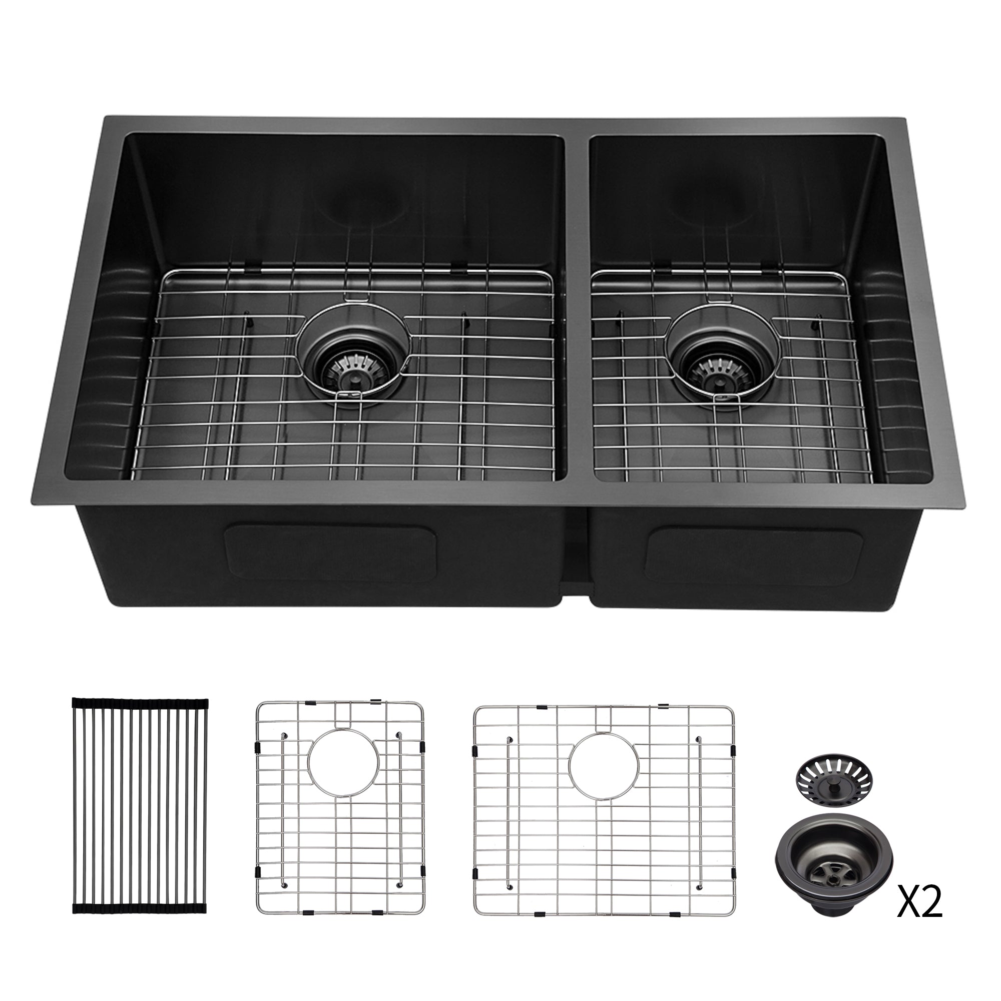 Gunmetal Black Double Bowl Kitchen Sink 33x19"
