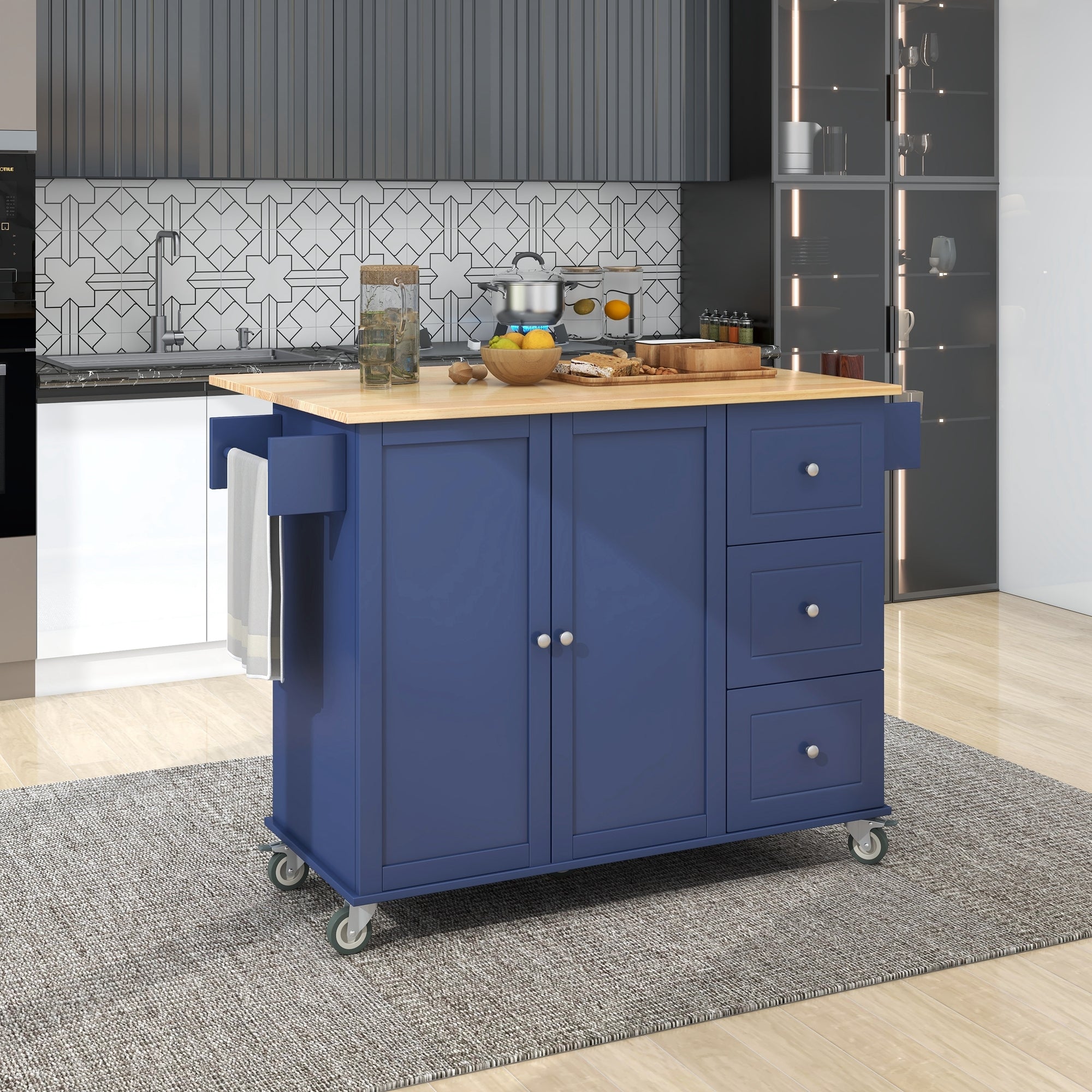 Rolling Kitchen Island w/ Drop Leaf & Storage - Dark Blue