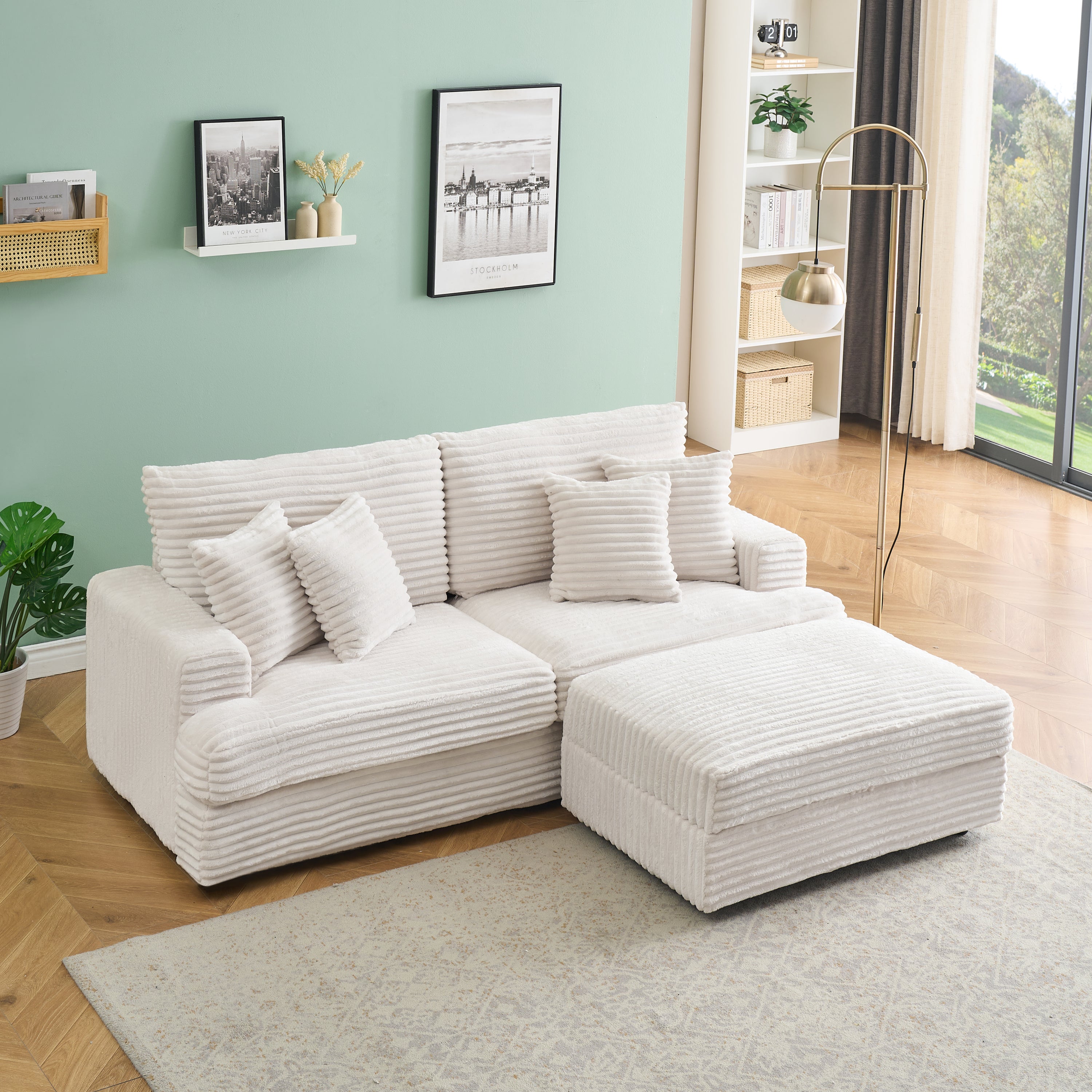 White Corduroy Sofa: 82" w/ Storage & Pillows