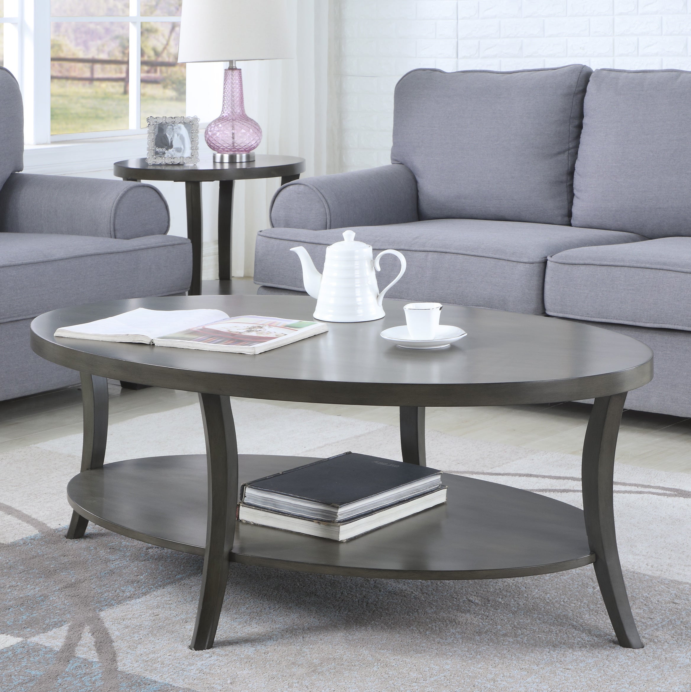 Perth Gray Oval Coffee Table with Shelf