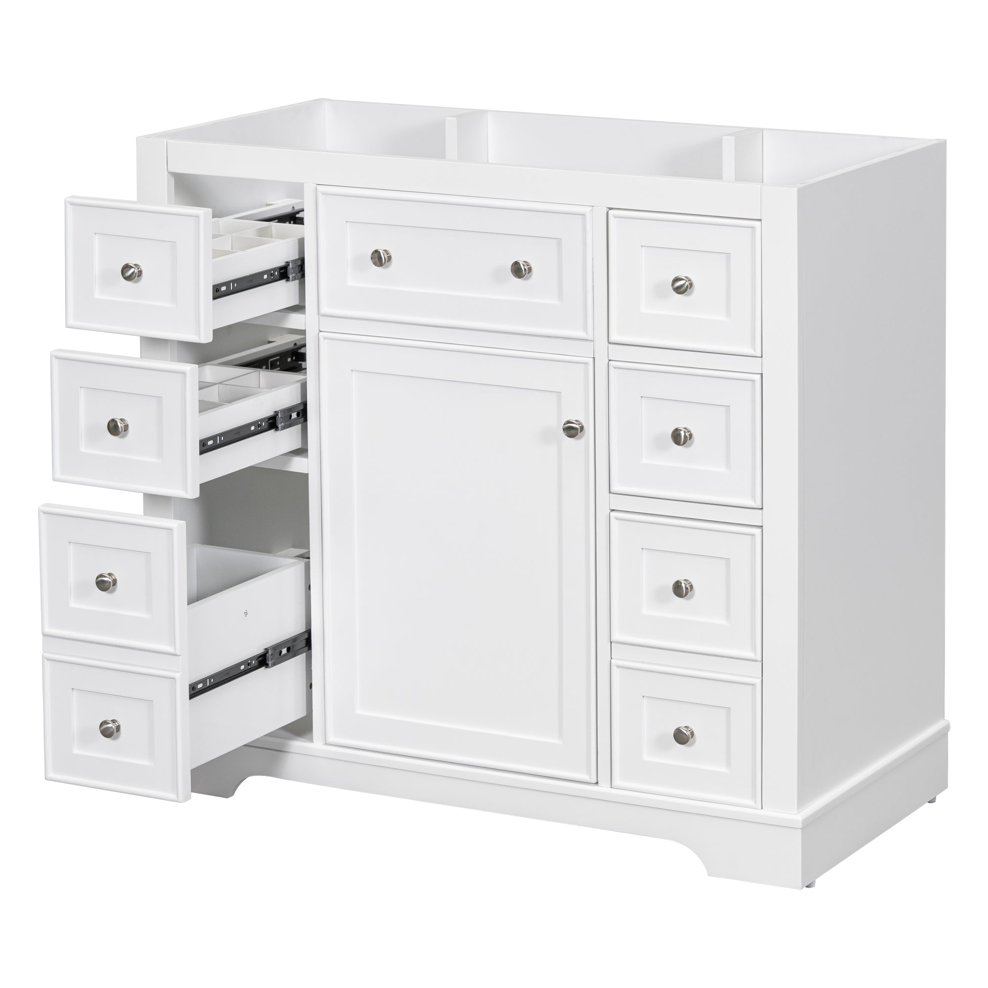 36" White Bathroom Vanity Base: 6 Drawers