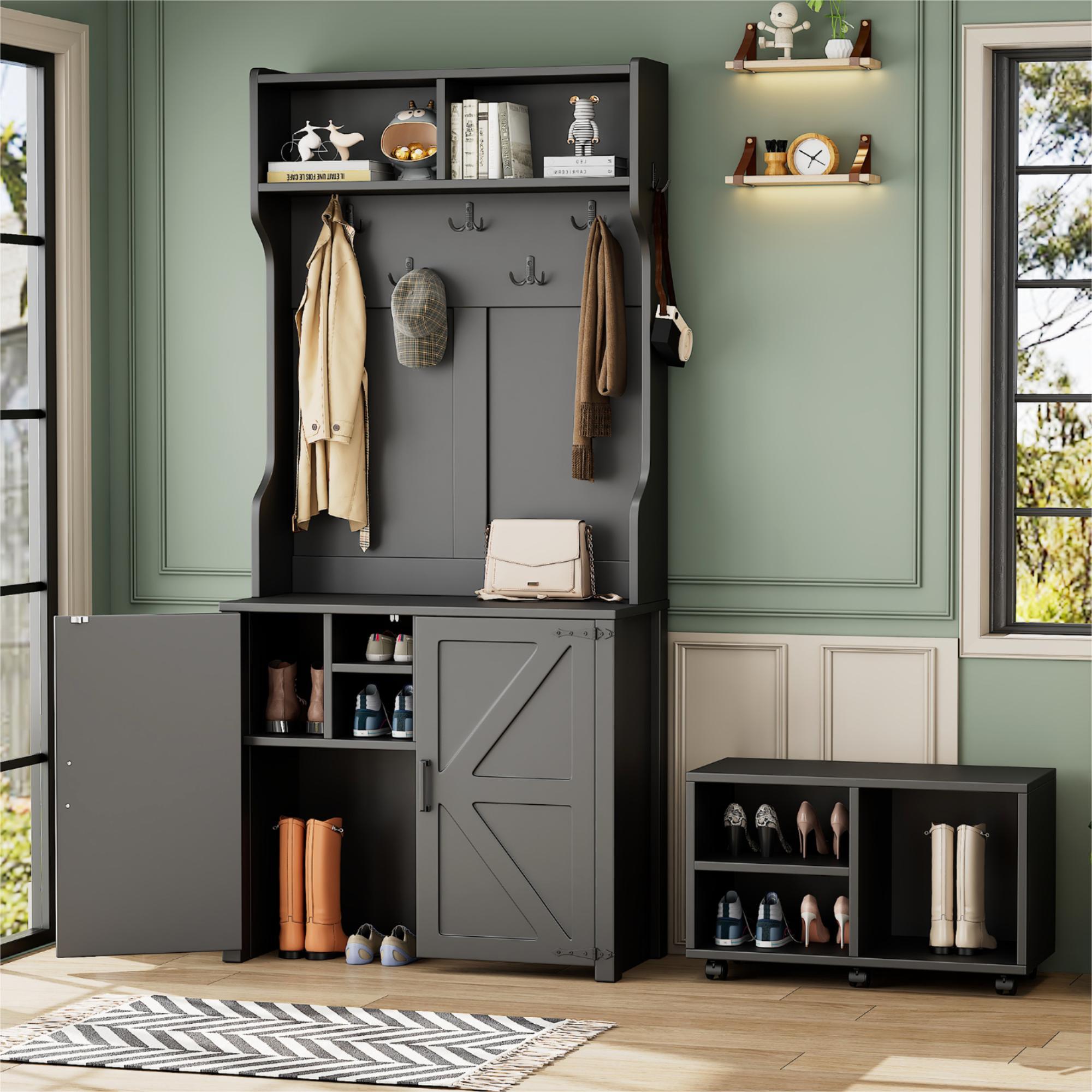 Farmhouse Hall Tree w/ Barn Doors, Bench & Storage - Black
