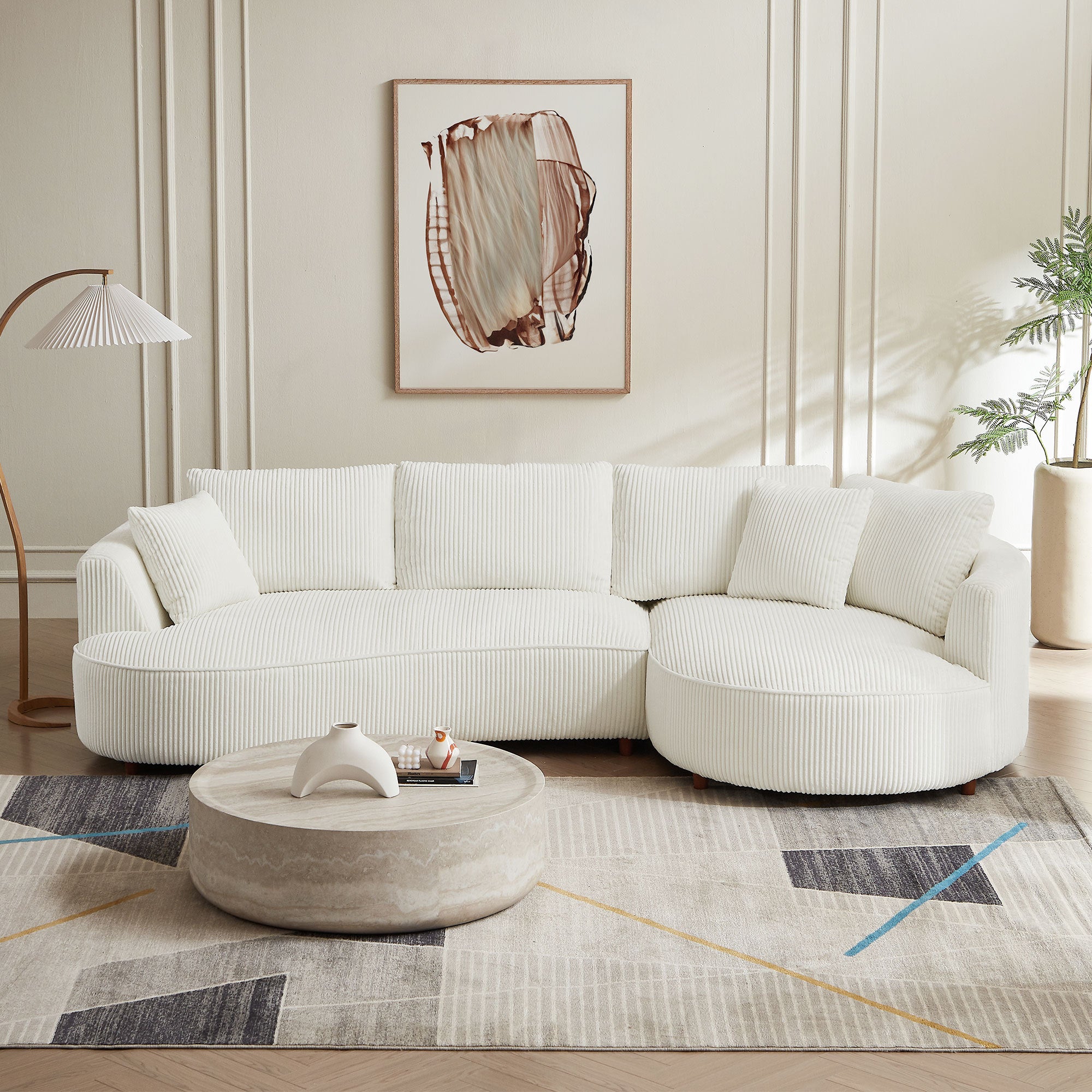 White Corduroy Sectional Sofa w/ Right Chaise (122")