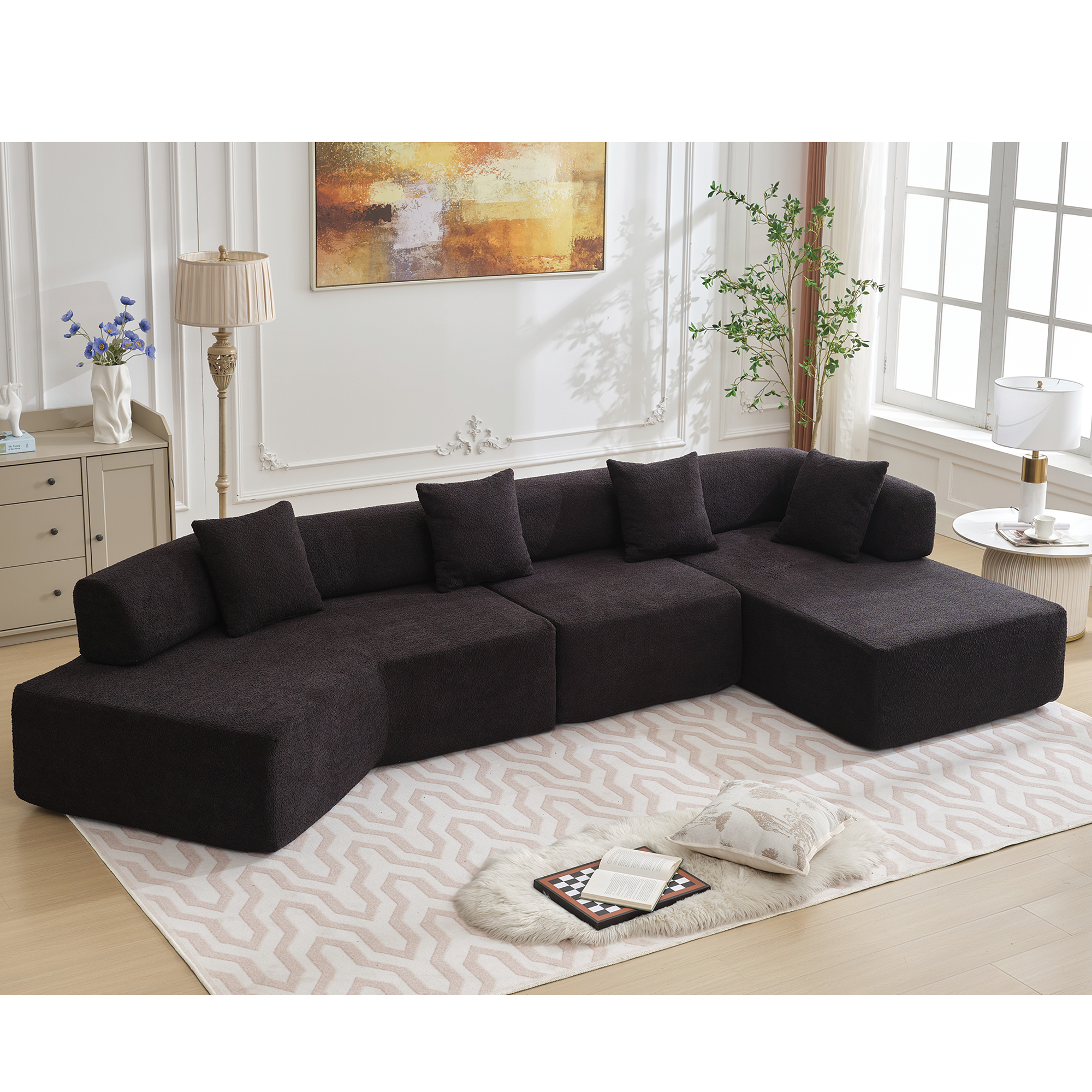 Modern Minimalist Boucle L-Shape Sofa w/ Chaise (Black)