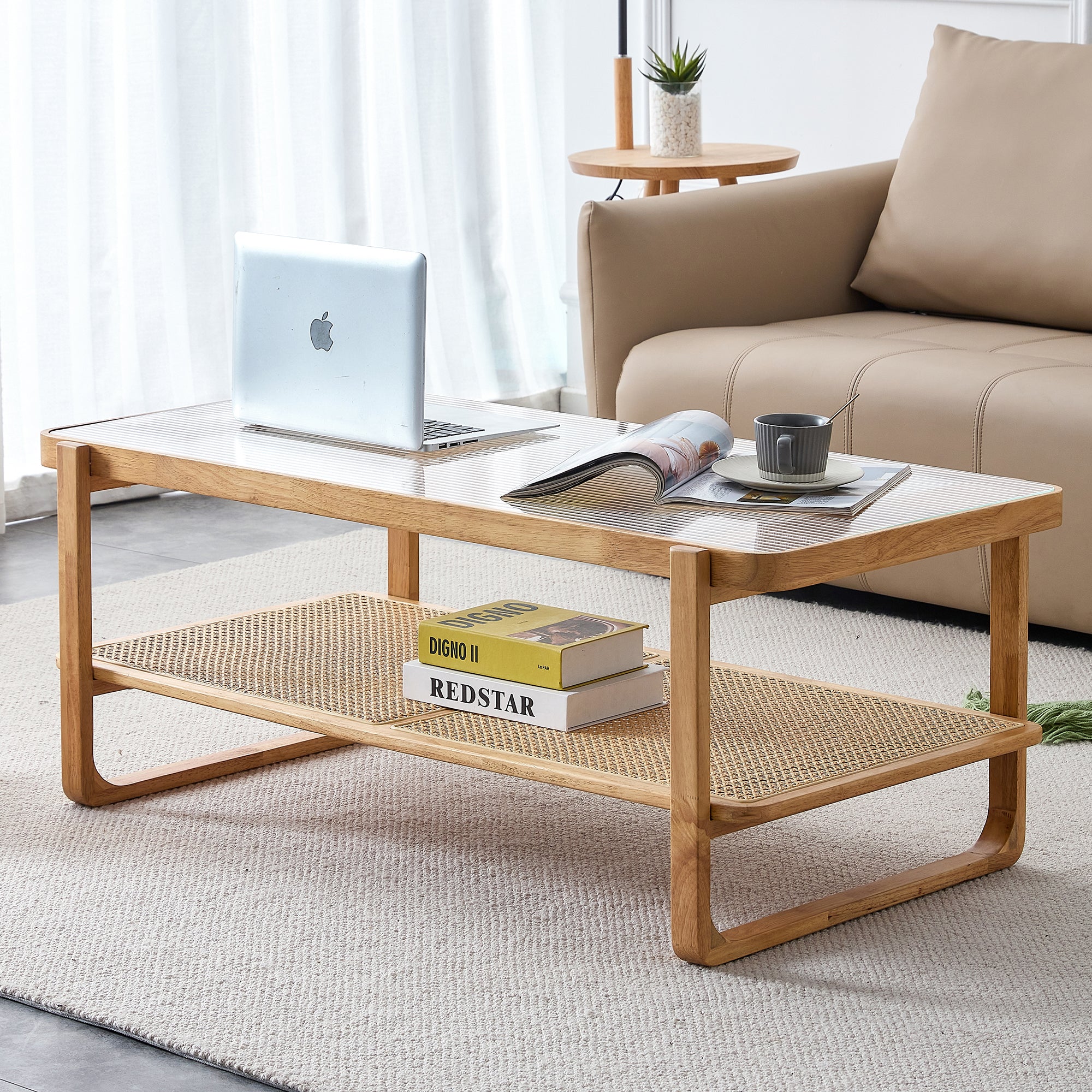 Modern Solid Wood Tea Table: Rectangle, Double-Layer