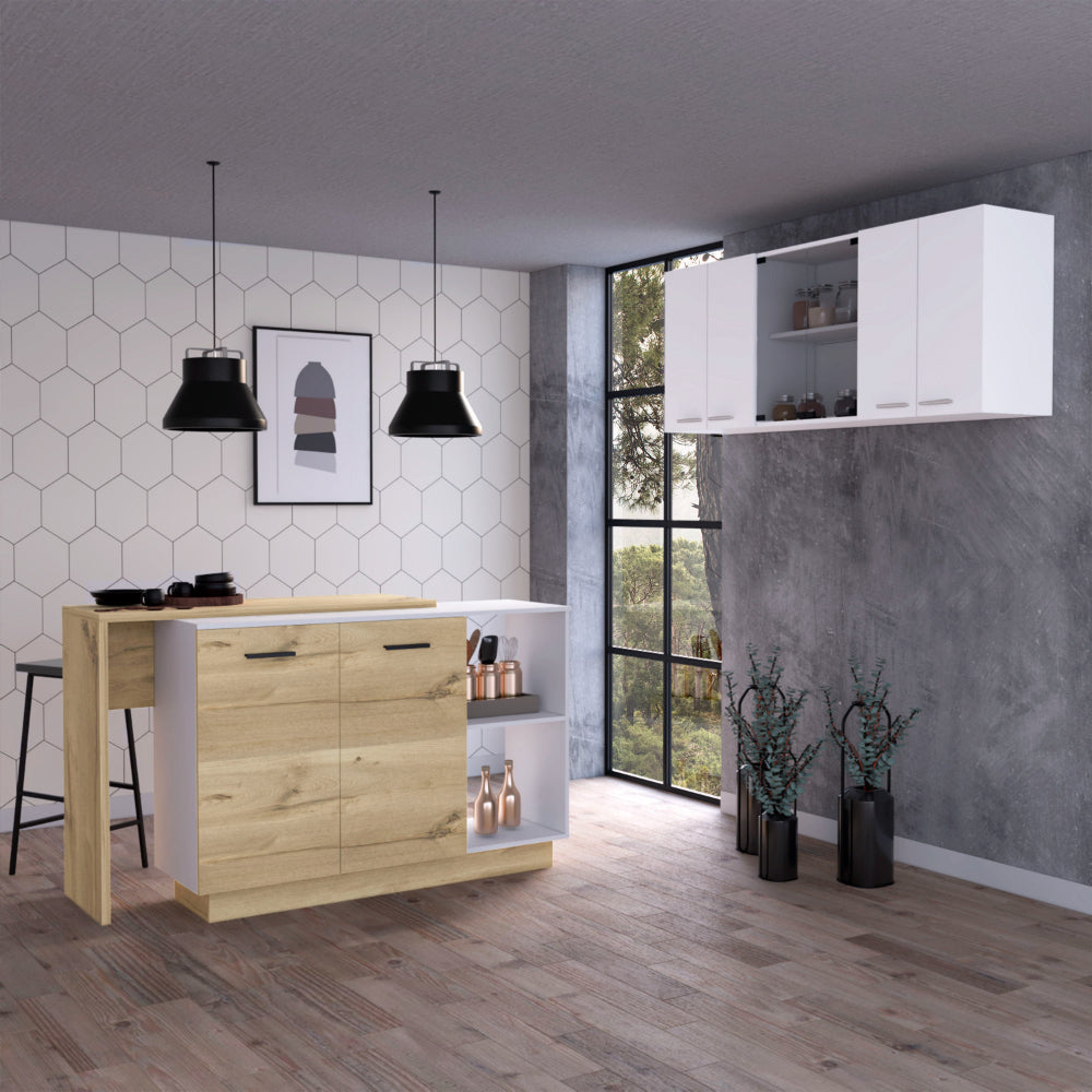 White & Light Oak Kitchen Set: Island & Wall Cabinet