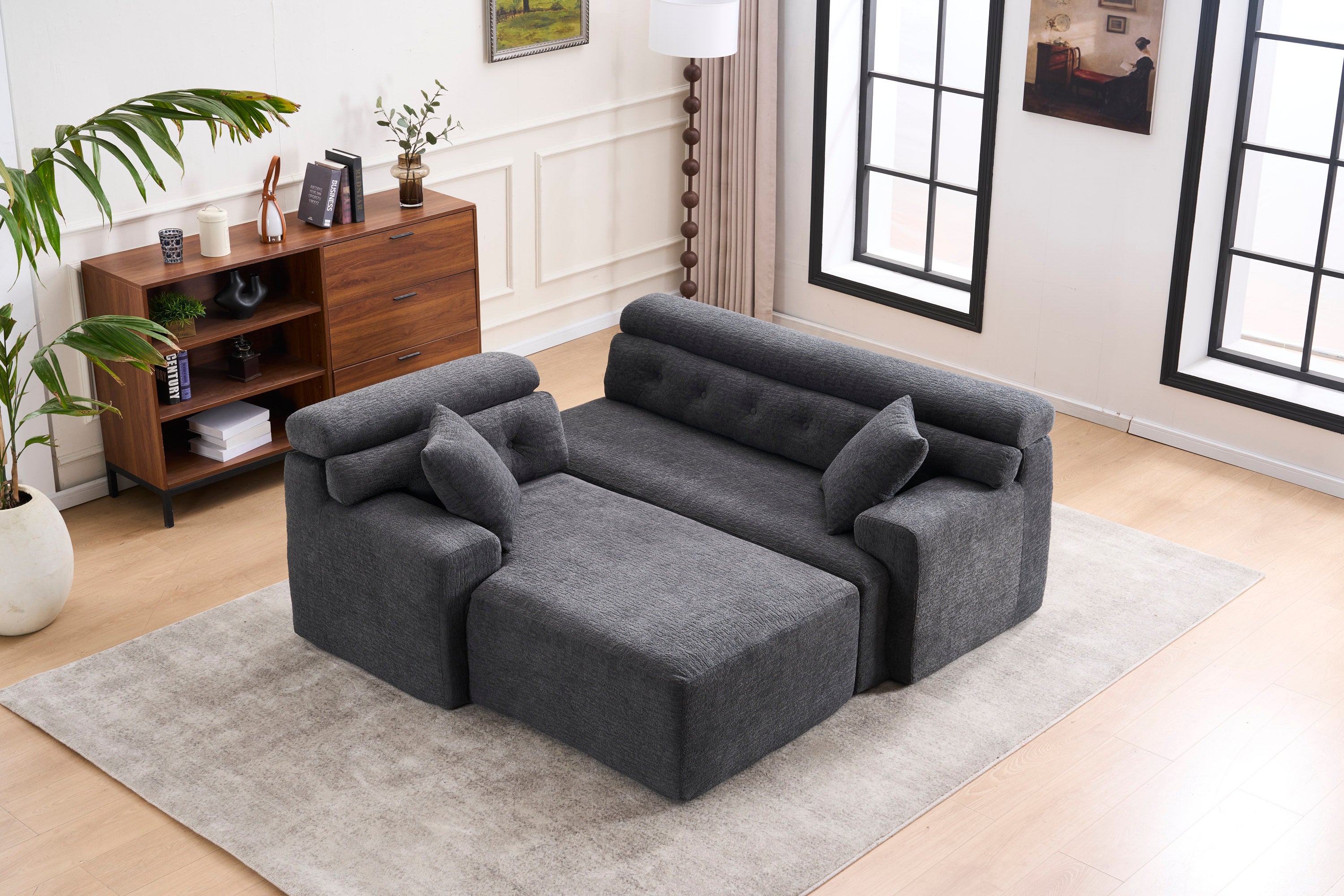 LY-029B Grey Compression Sofa: Chaise & 3-Seater