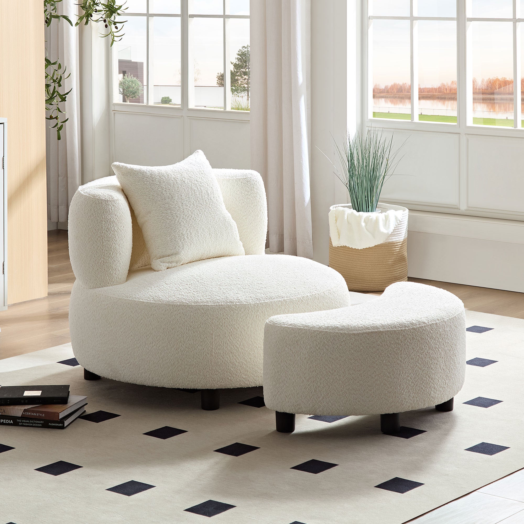 Modern Beige Teddy Sofa Chair w/ Ottoman