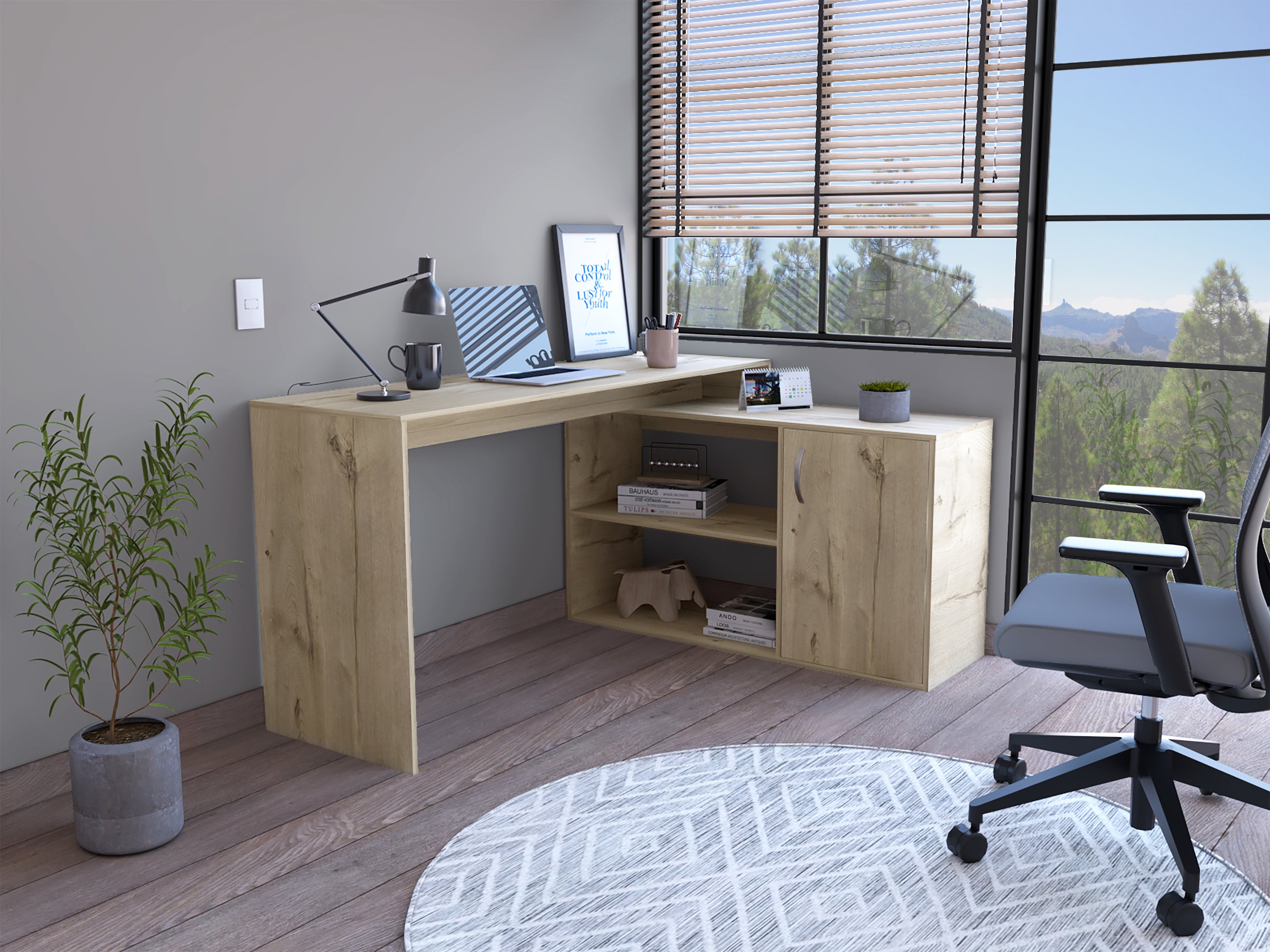 L-Shaped Desk with Cabinet & Shelves - Light Oak
