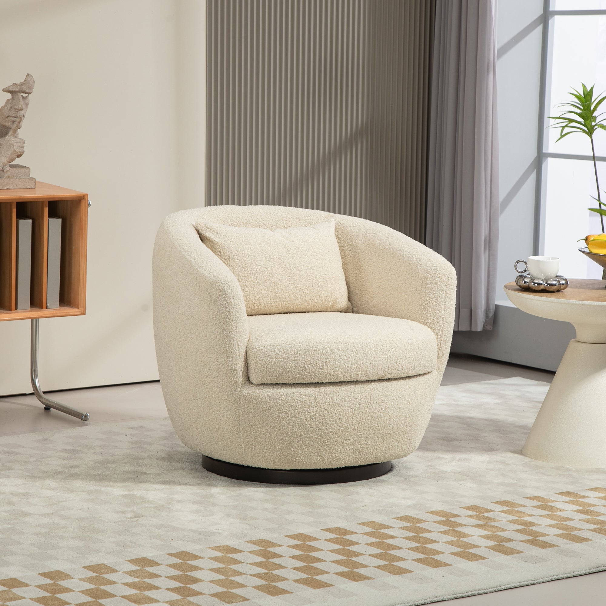 Beige Teddy Fabric Swivel Armchair with Storage