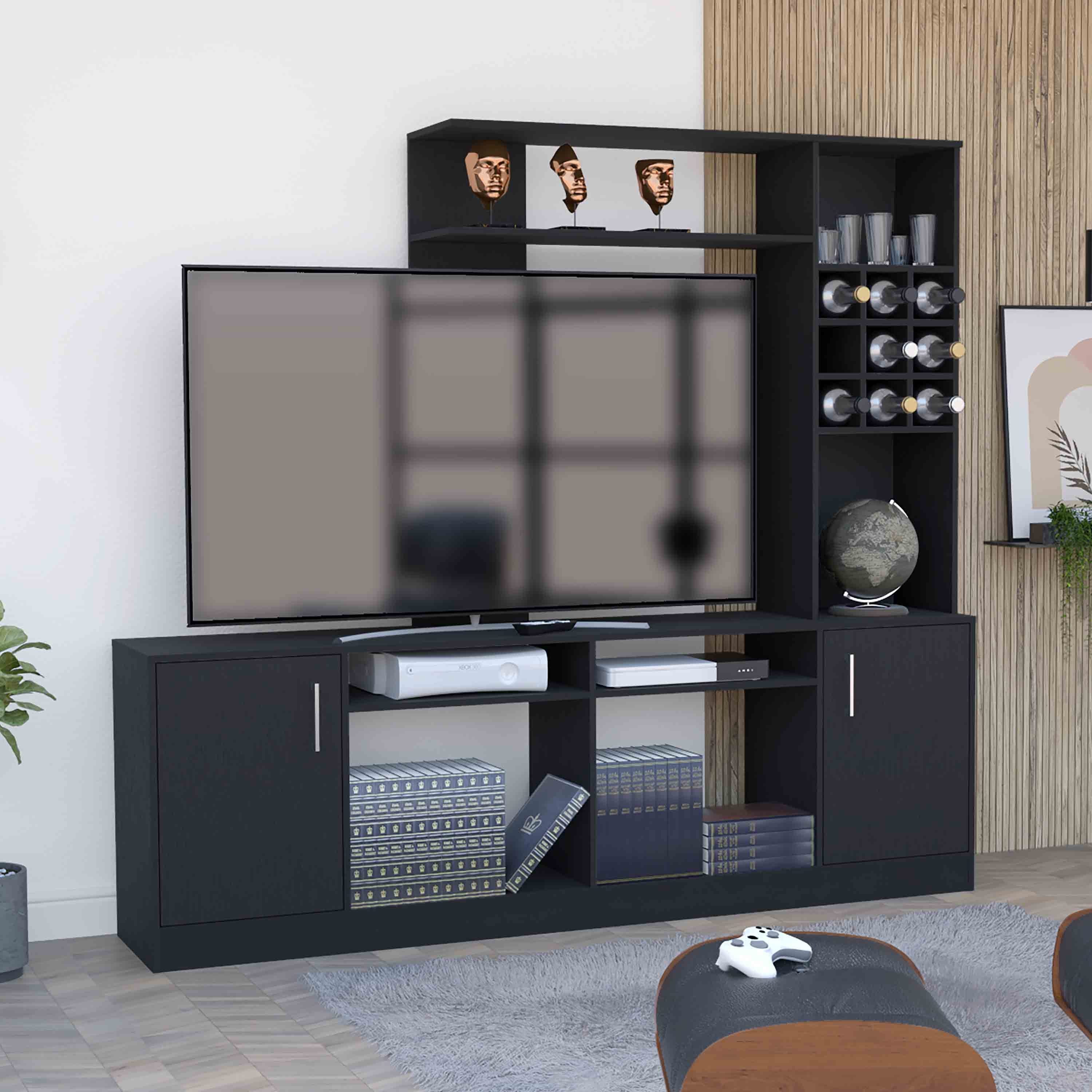Kava Entertainment Center, Black, 37" TV Stand w/ Shelves & Doors