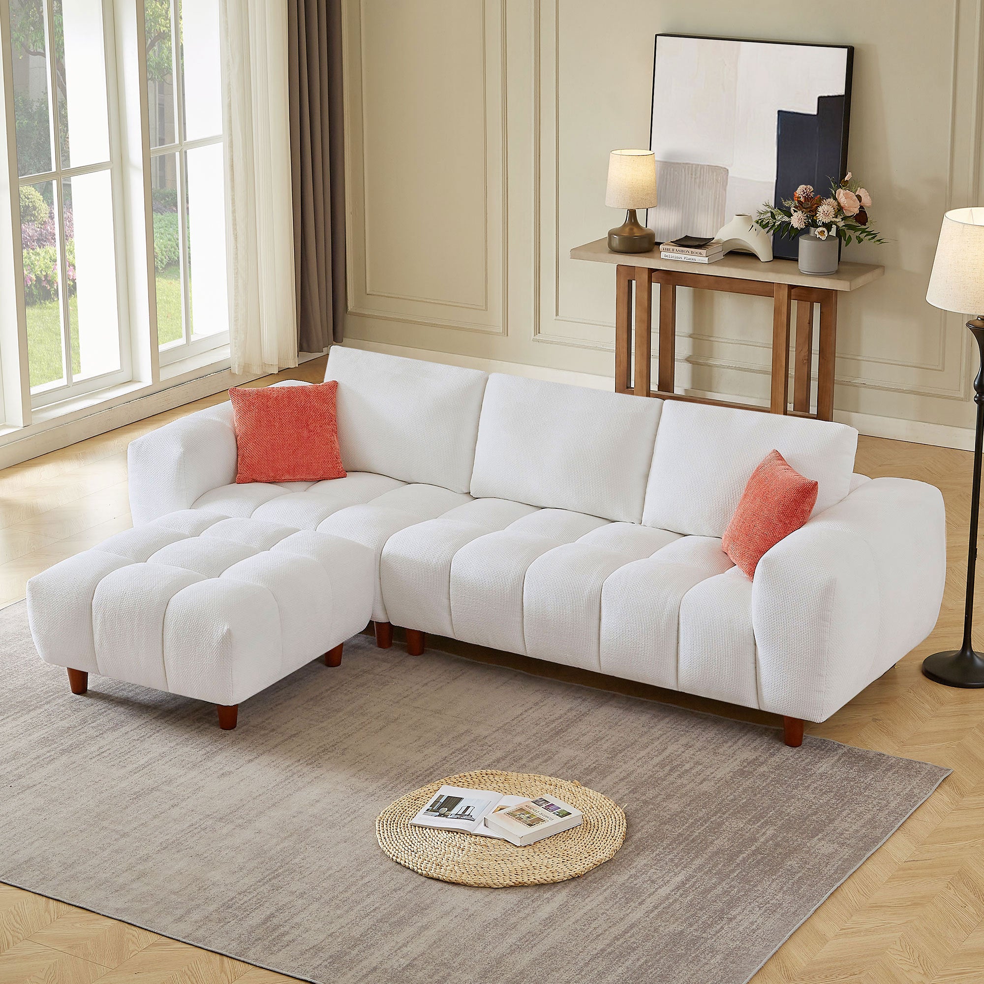 111" Convertible Sectional Sofa, L-Shaped Couch, Cream White
