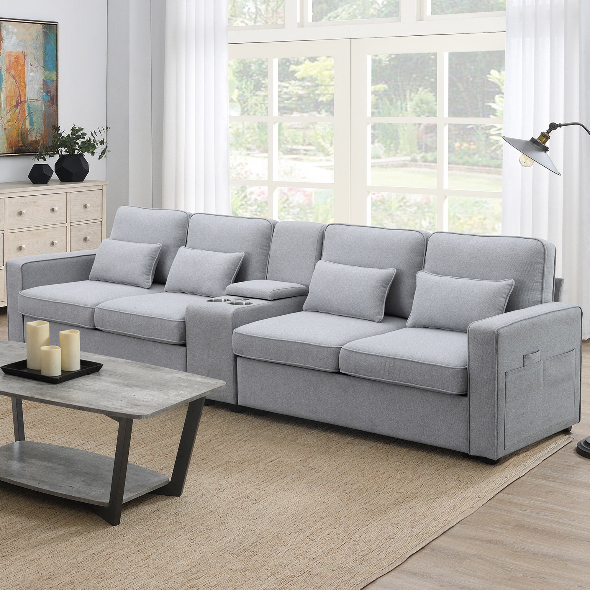 Luxury 114" Sofa: USB, Console, 4 Pillows