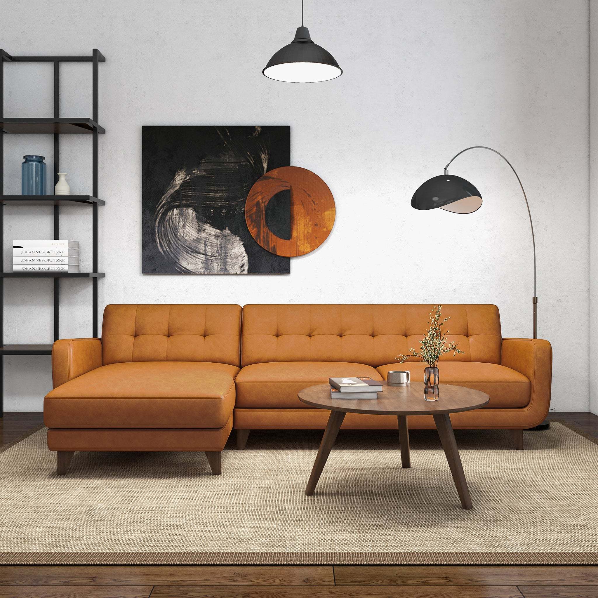 Allison Leather Sectional Sofa: Tan & Left-Facing