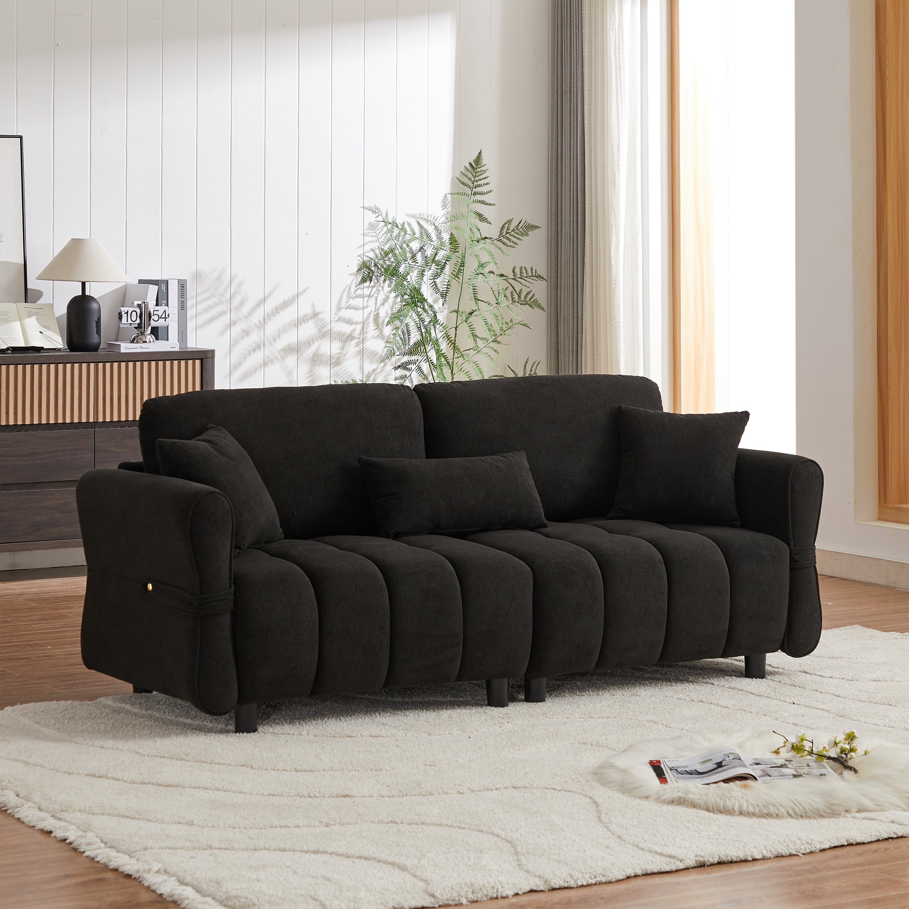 80" Black Chenille Sofa: 3-Seater w/ Pillows