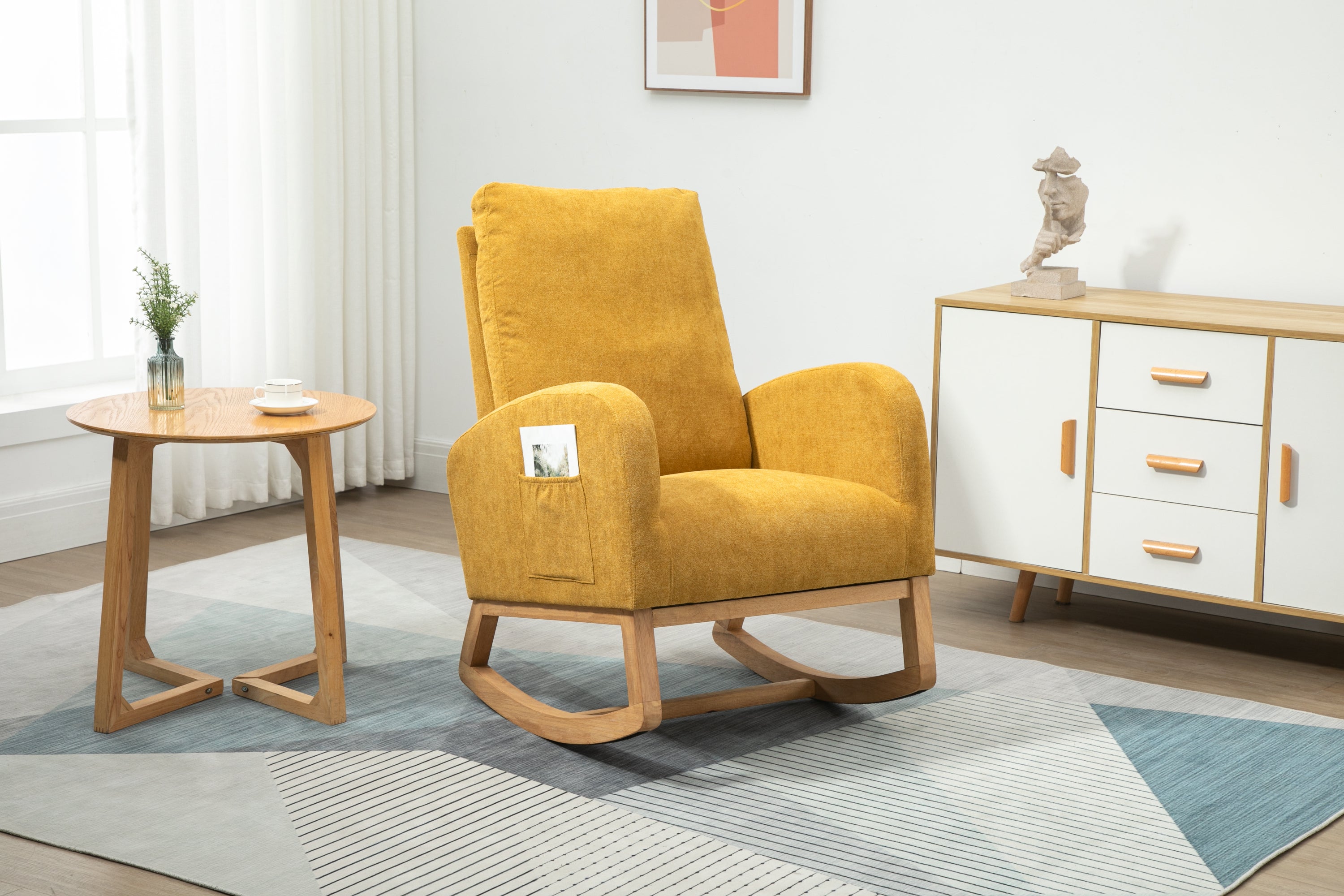 Modern Rocking Chair, Mustard Yellow Linen