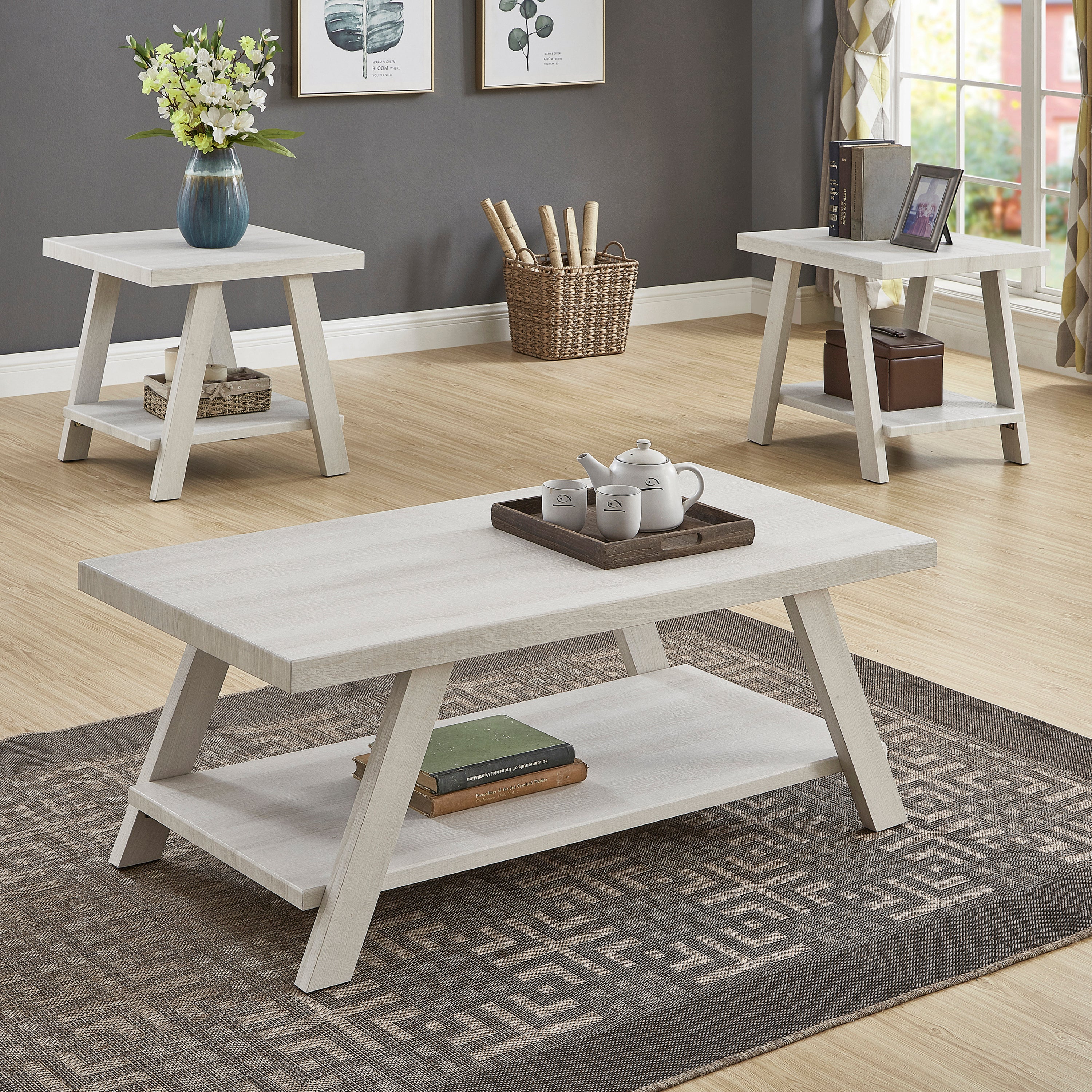 Athens White Wood Coffee Table & Shelf Set