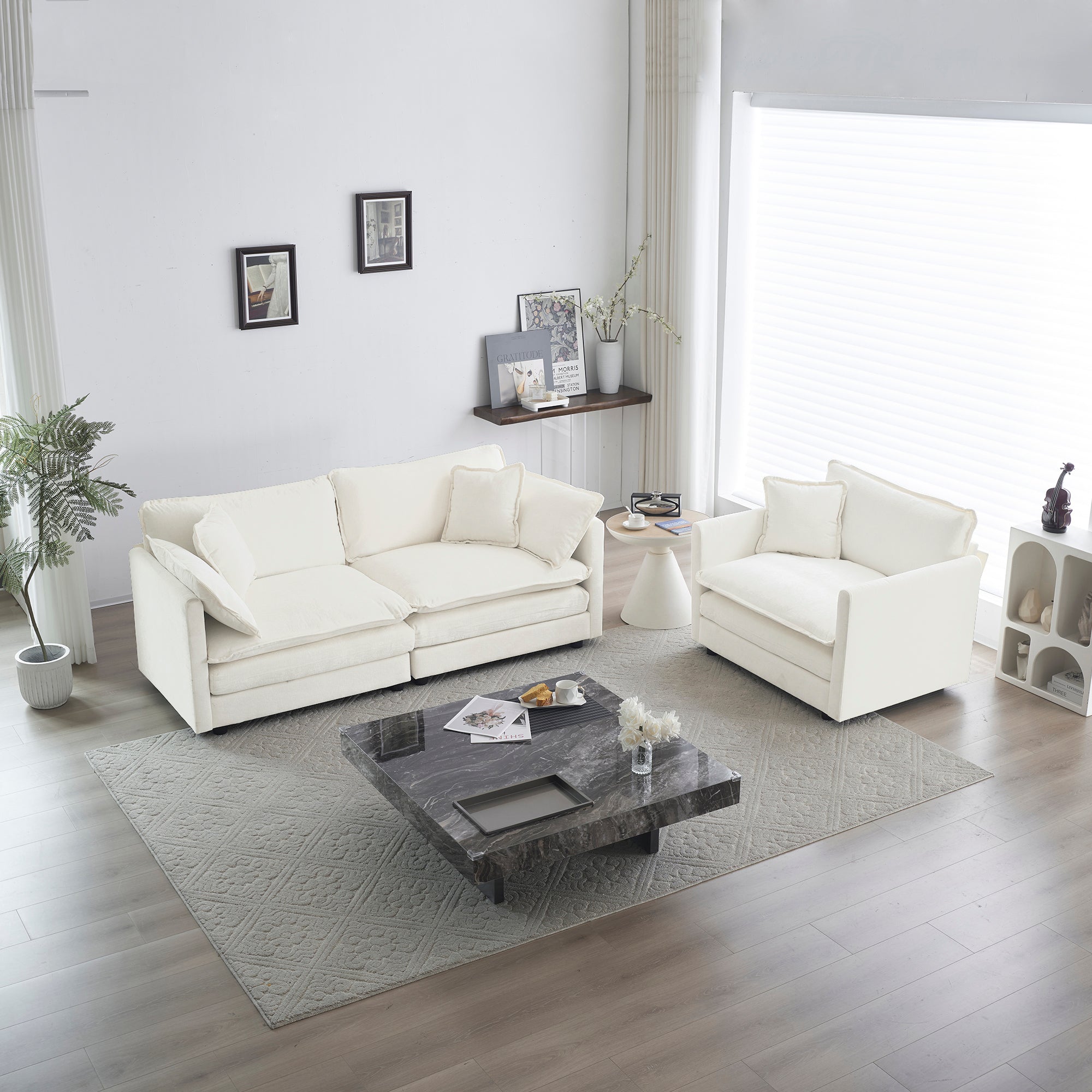 White Chenille Loveseat & Chair Set
