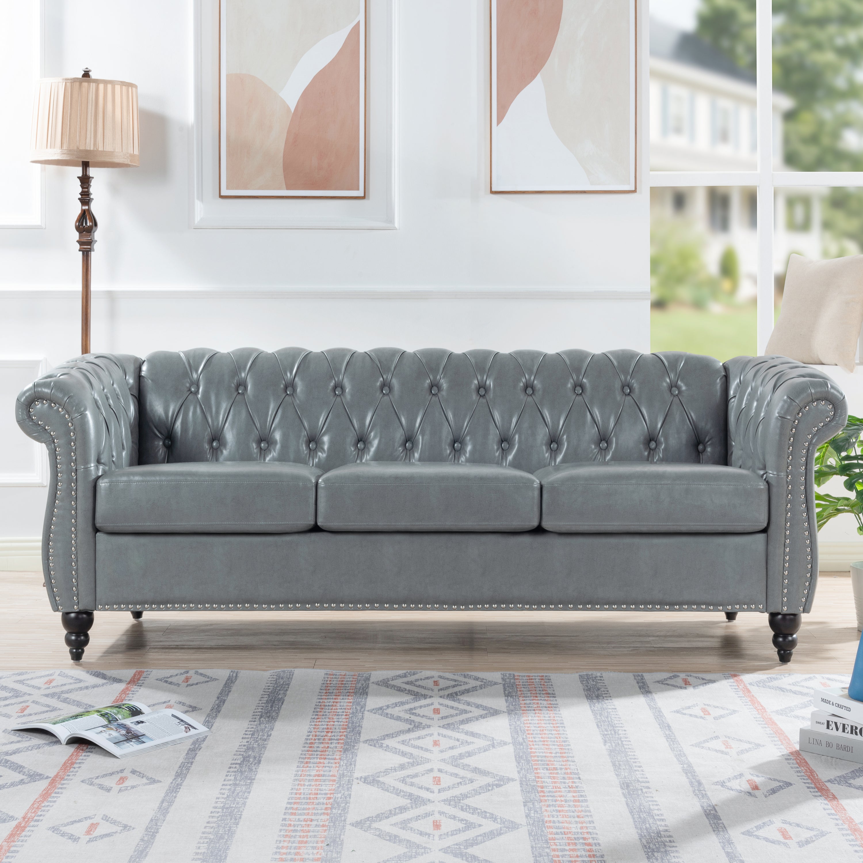 84.65" Rolled Arm Chesterfield Sofa (3 Seater)
