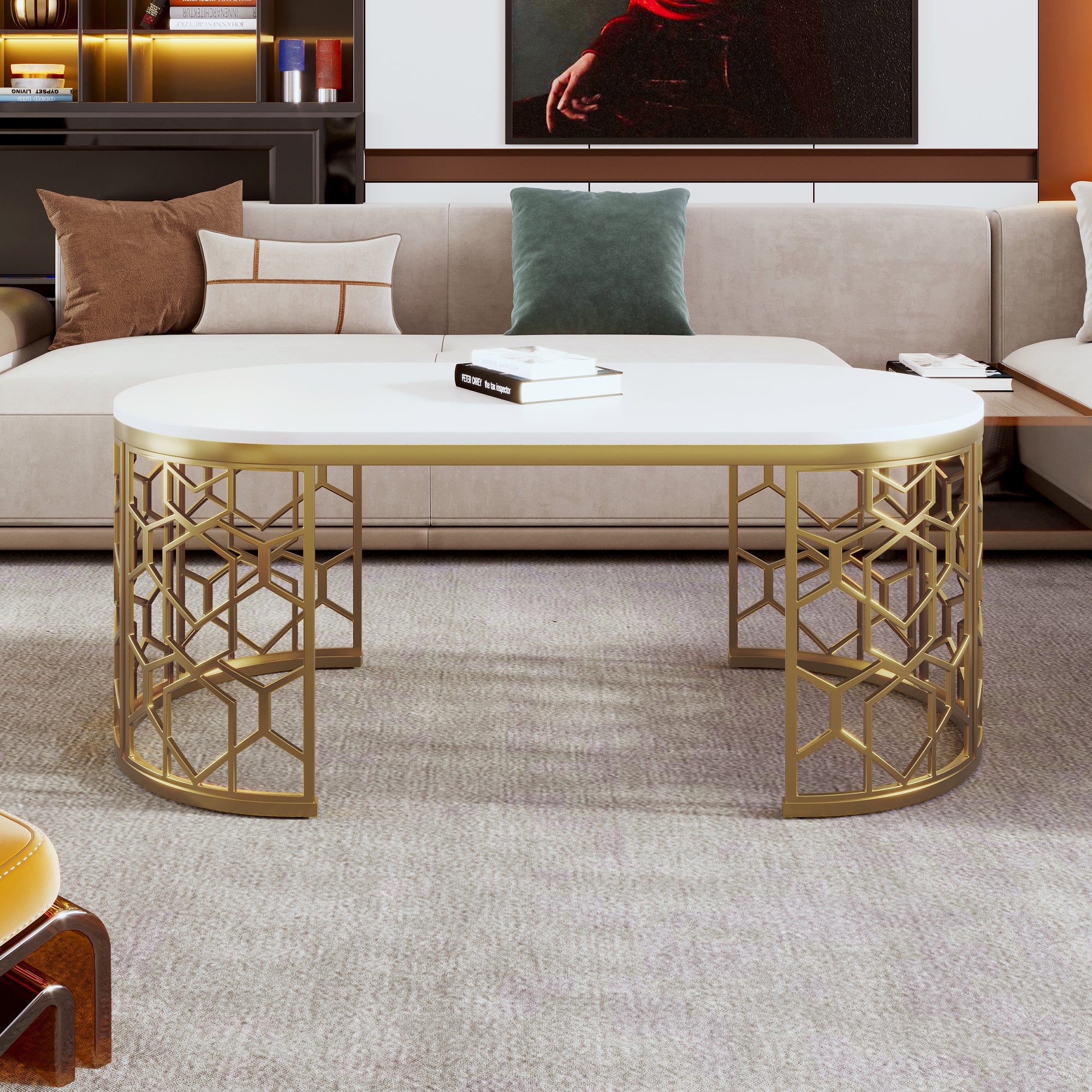 Modern Oval Coffee Table: Metal Frame, Cut-Out Design