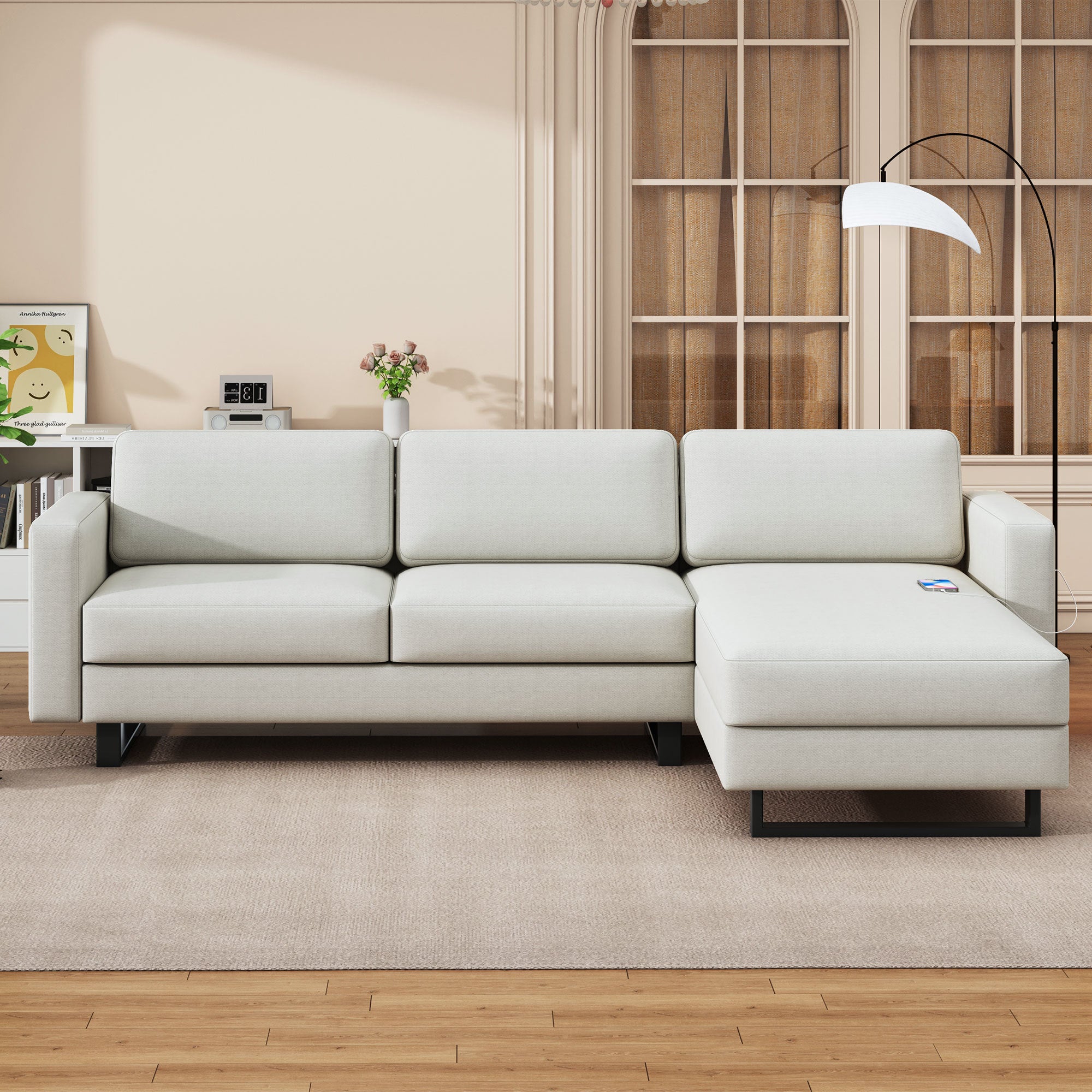 Upholstered Sectional Sofa, 3-Seat L-Shape w/ Chaise, Off-White