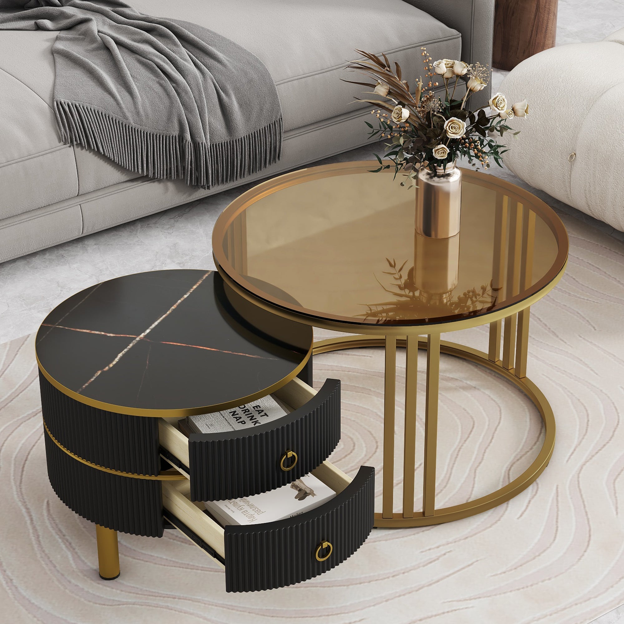 Stackable Coffee Table Set: Marble & Glass Top