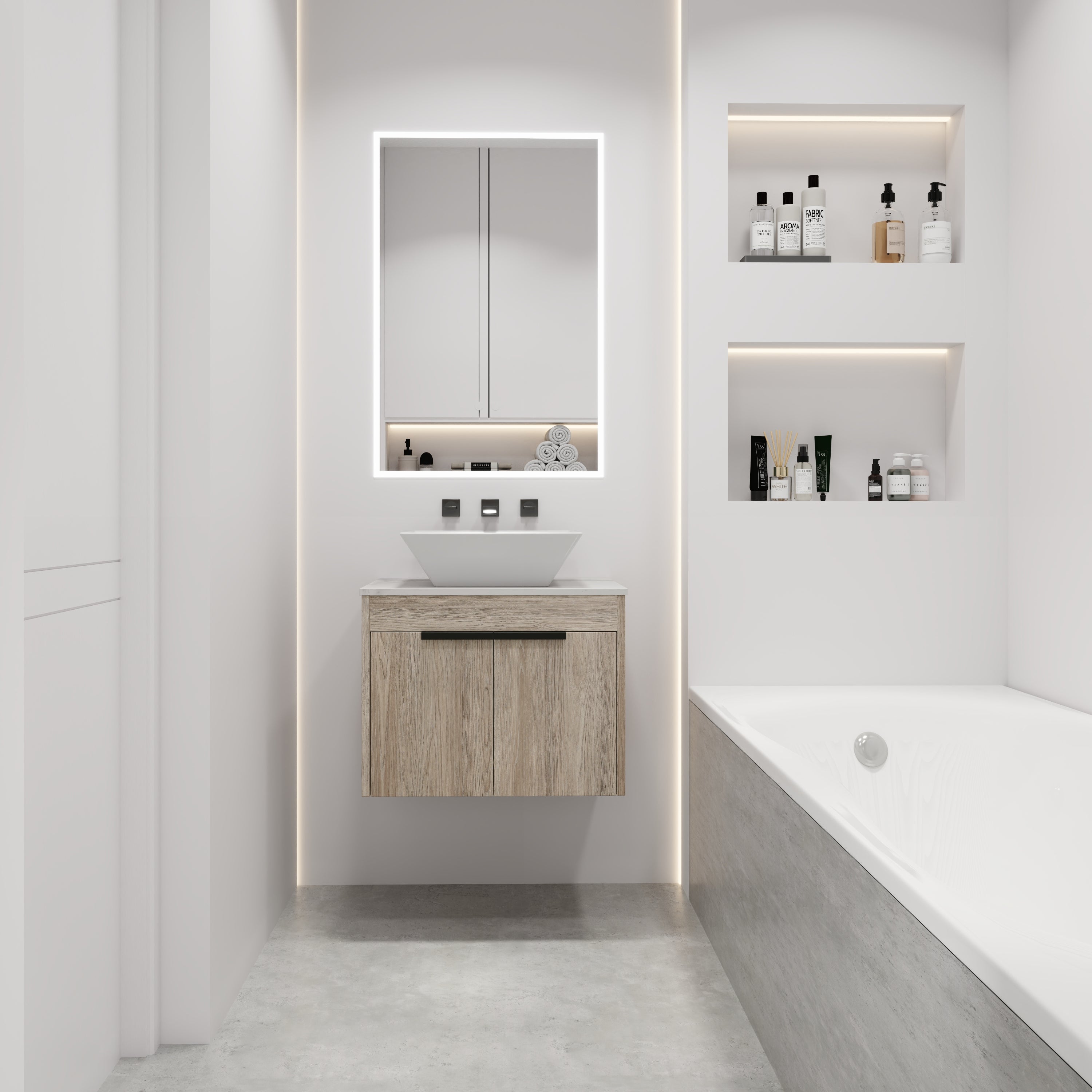 Modern White Oak Floating Bathroom Vanity Set