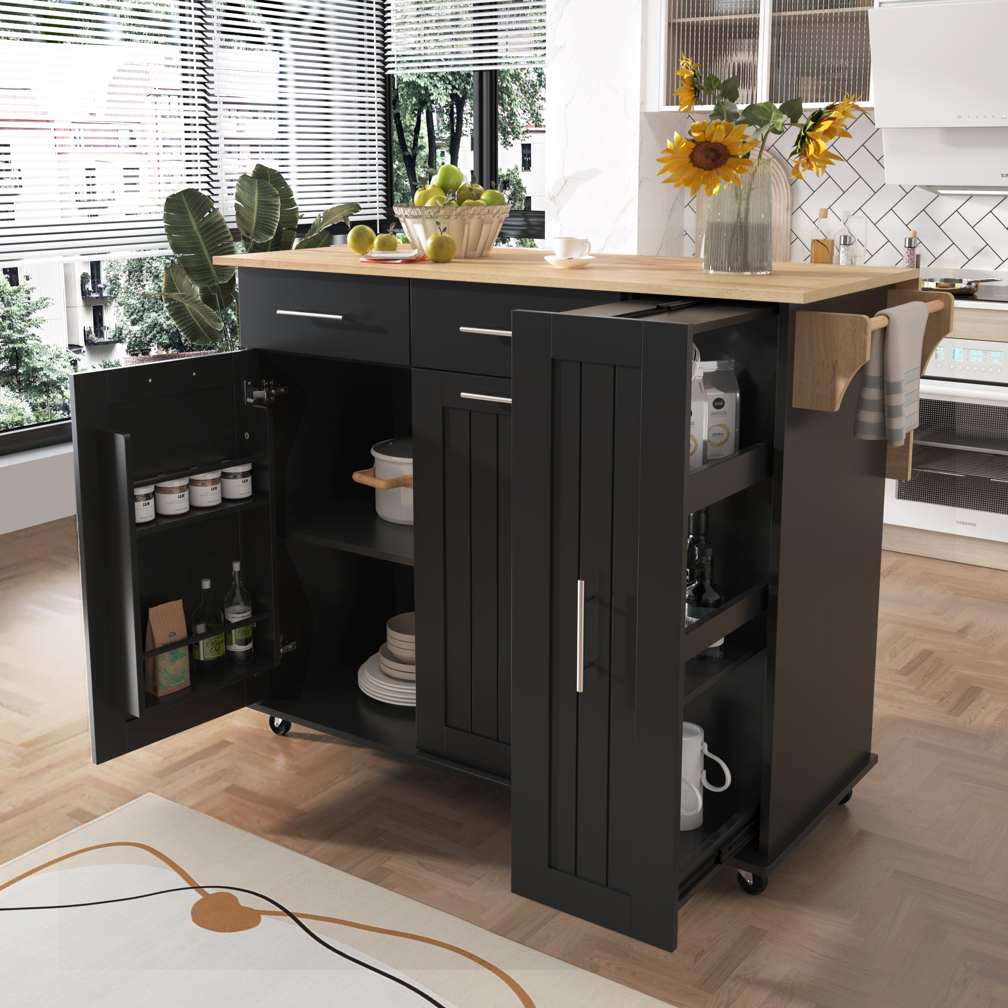 K&K Kitchen Island Cart w/ Drop Leaf & Storage - Black